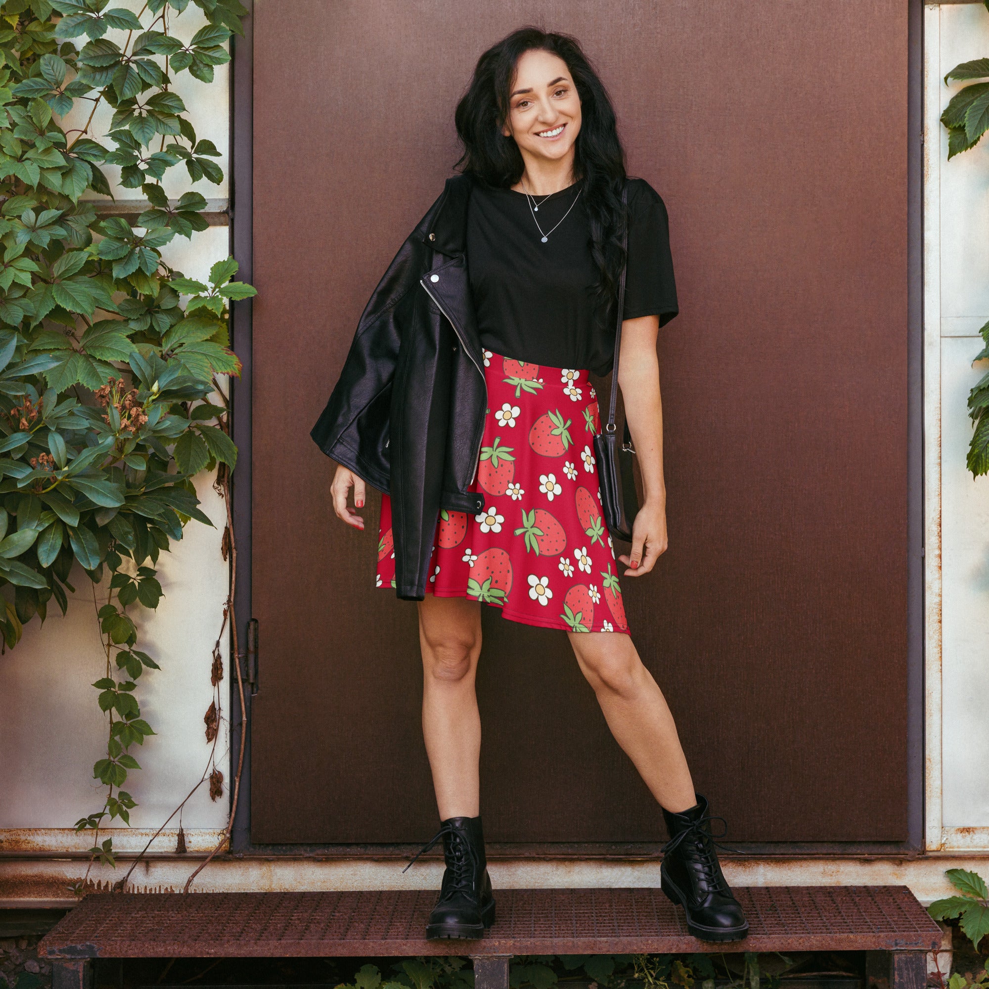 Women’s red strawberry skater skirt with white flower print flowy high waisted upf 50 plus recycled fabric
