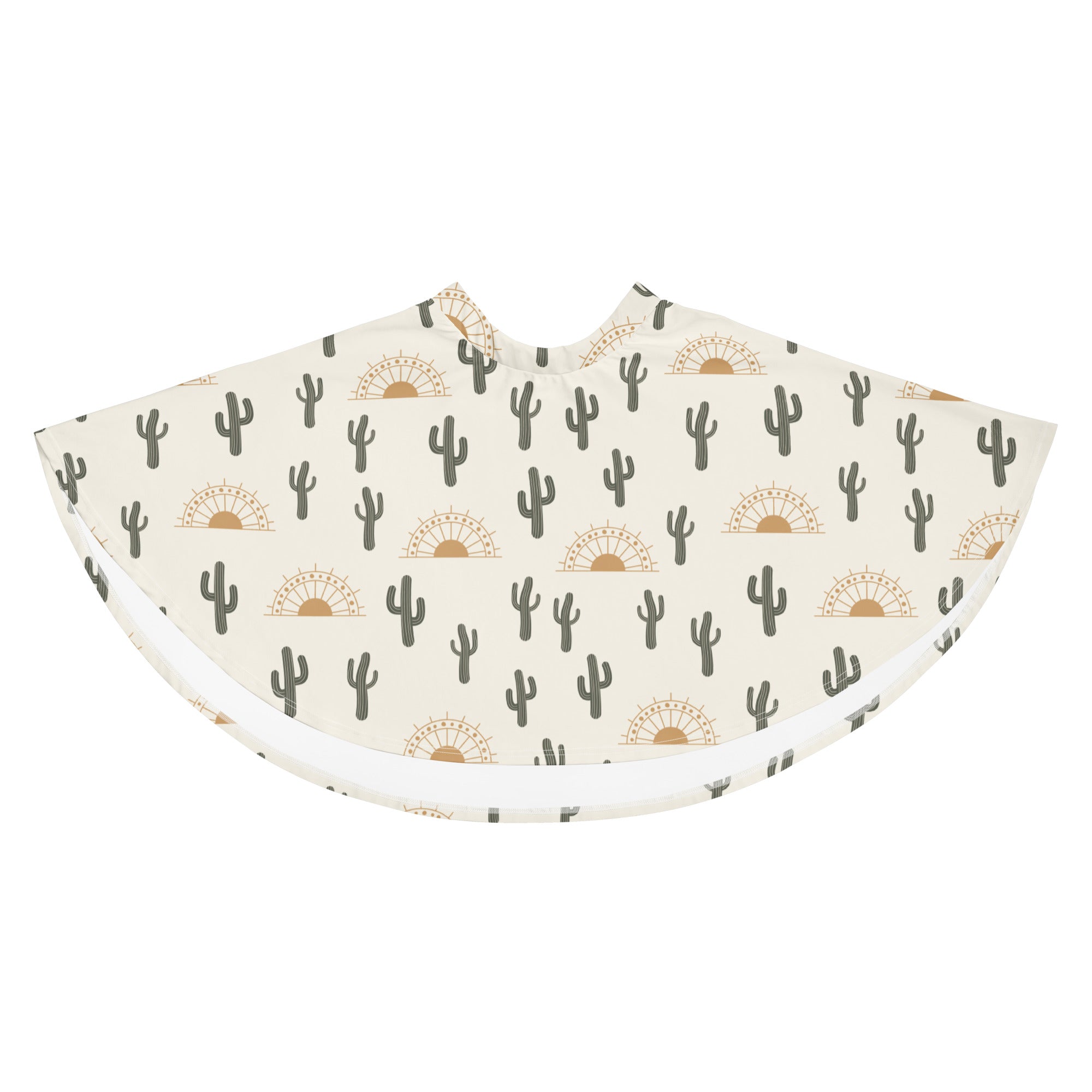 A cream-colored women’s skater skirt with dark green cactus and golden sunset pattern made from recycled fabric with upf 50+