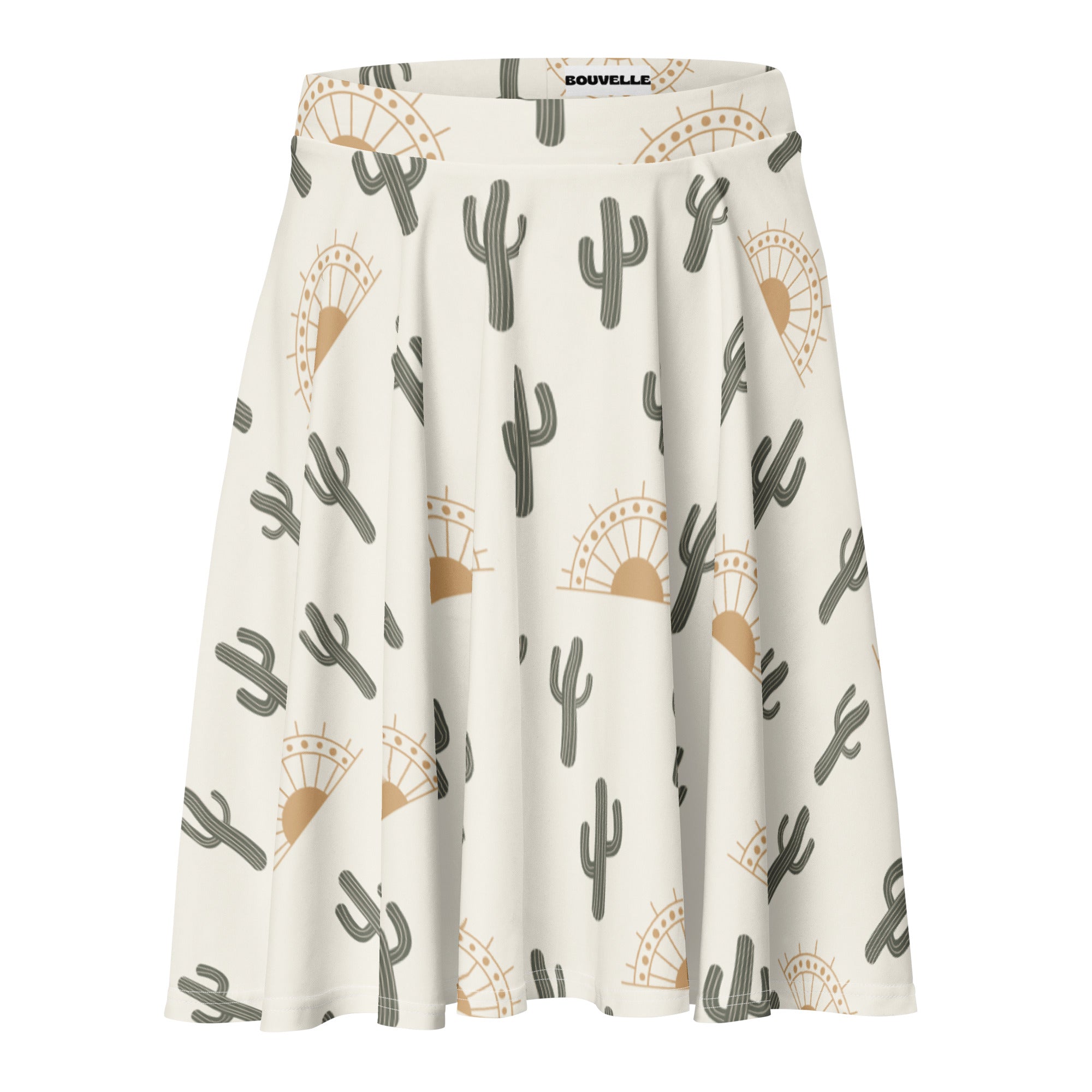 A flowing white women’s desert cactus sunrise skater skirt with gray cactus and tan sun pattern branded bouville