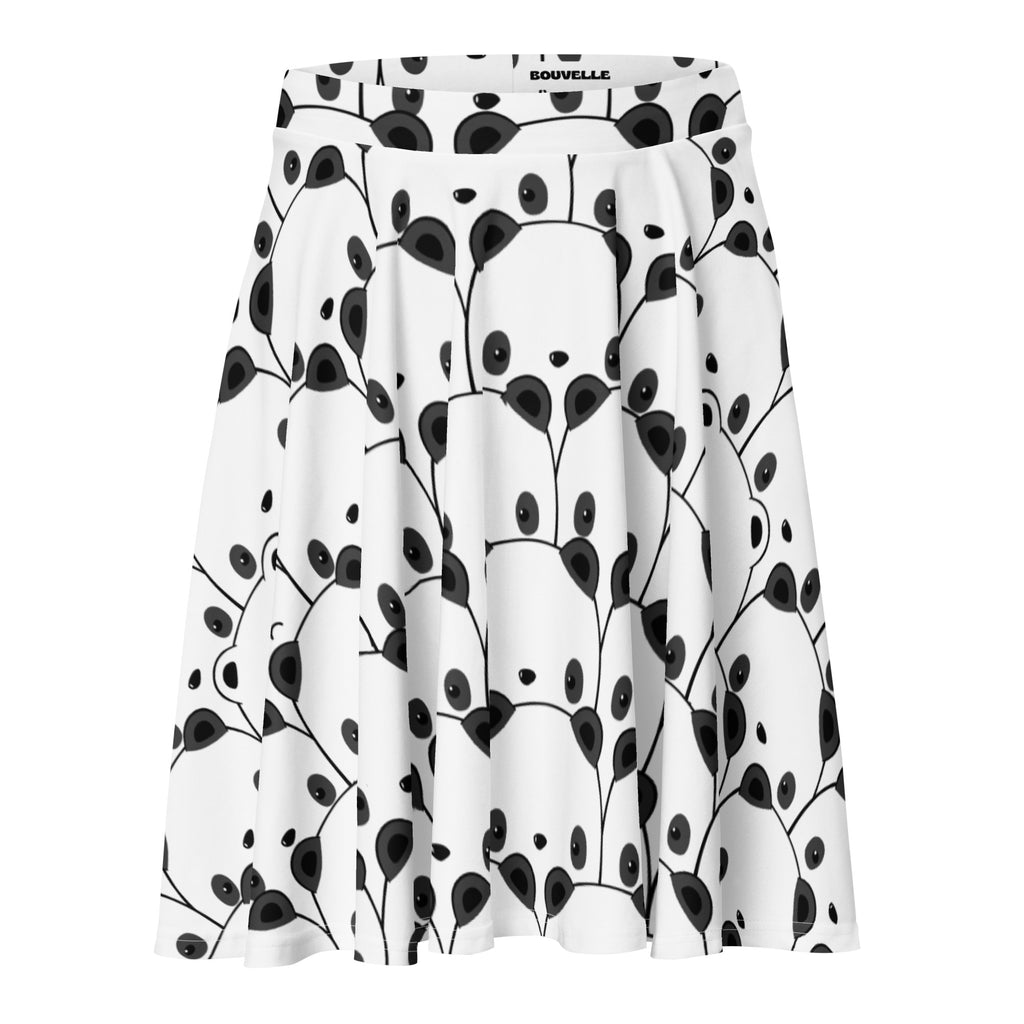 White a-line skirt with playful black panda face pattern and leafy branches branded bouvelle at waistband made from recycled fabric