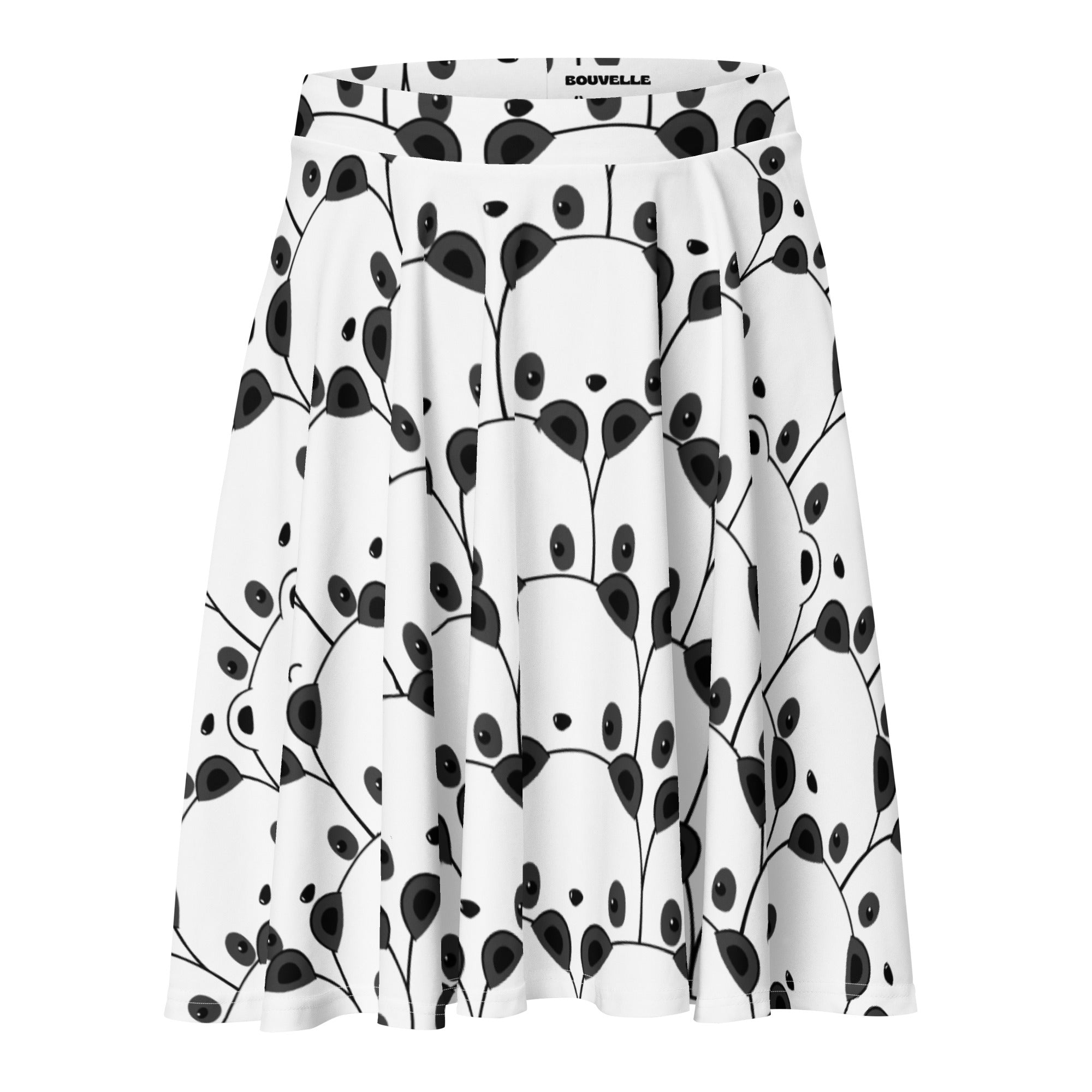White a-line skirt with playful black panda face pattern and leafy branches branded bouvelle at waistband made from recycled fabric