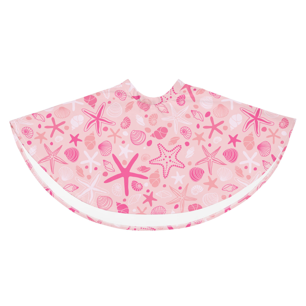Women’s pink starfish and seashell patterned skater skirt with white trim flowy high waisted upf 50 plus recycled fabric