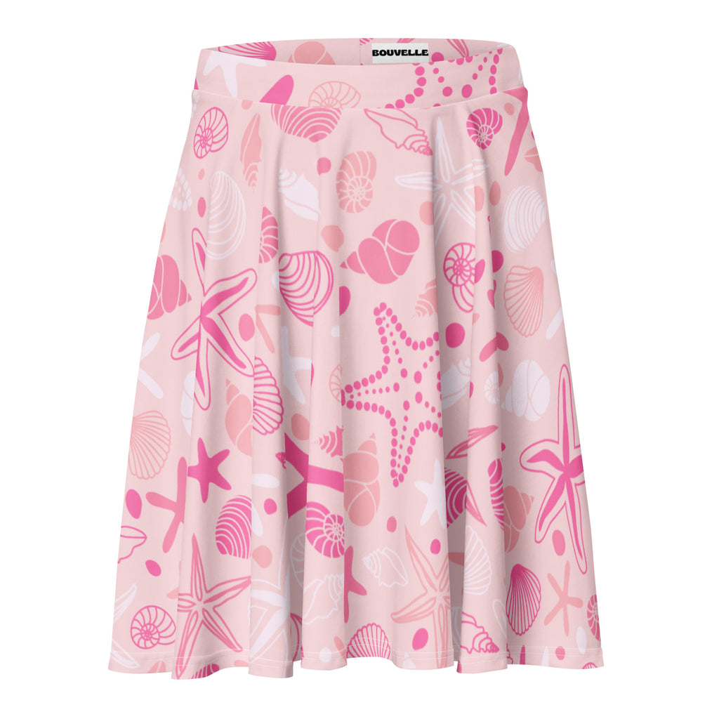 Women’s pink starfish and shells skater skirt with pleats flowy high waisted upf 50 plus recycled fabric