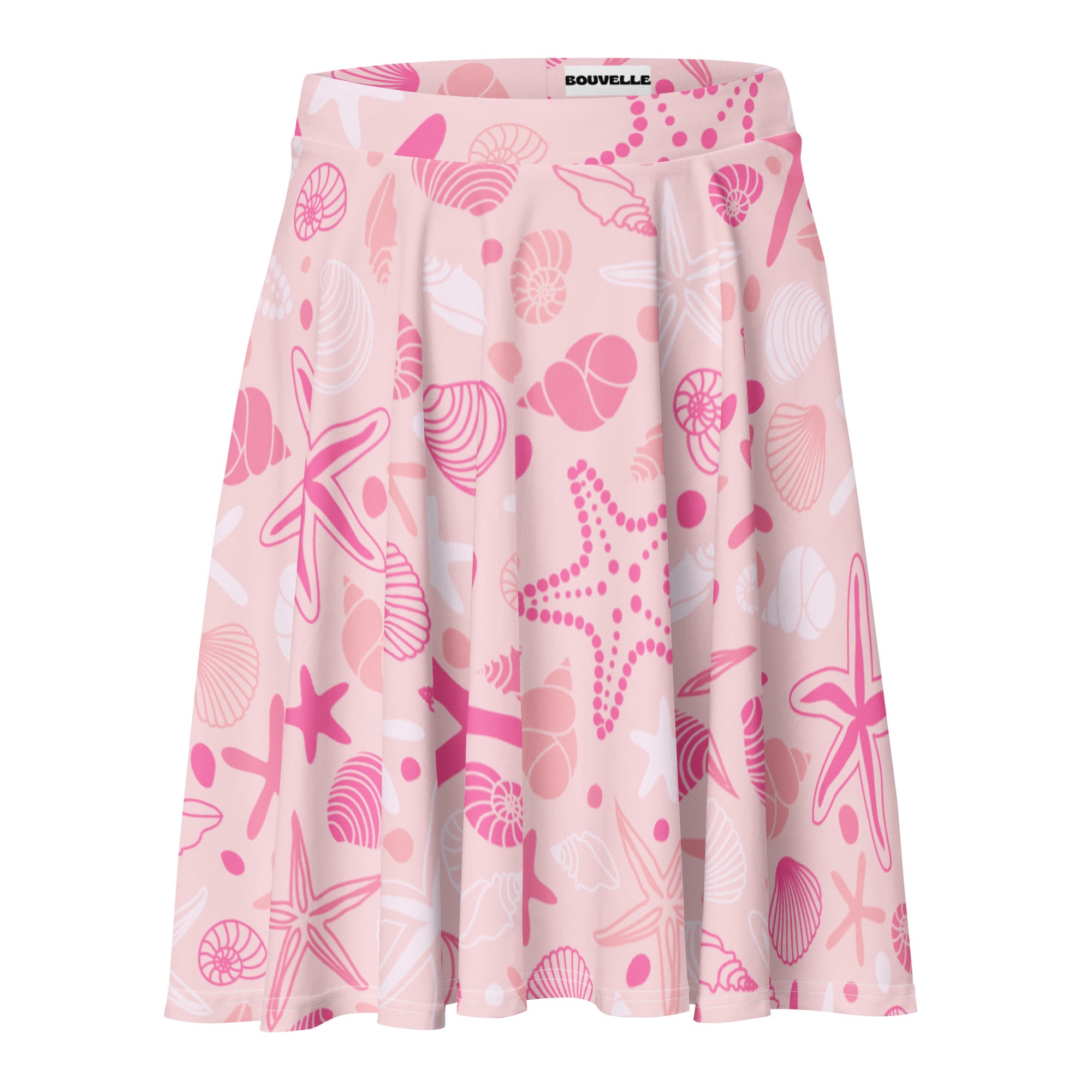 Women’s pink starfish and shells skater skirt with pleats flowy high waisted upf 50 plus recycled fabric