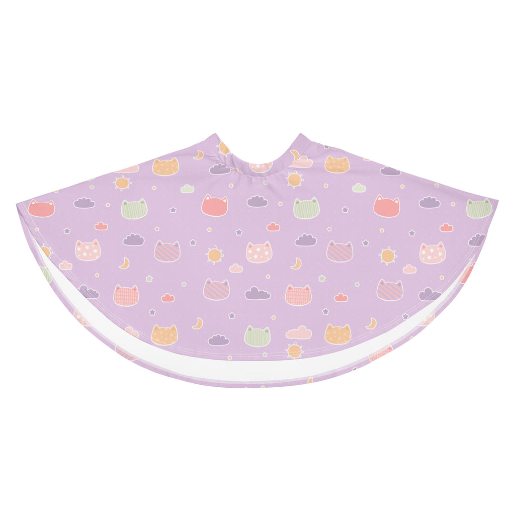 Lavender cape-style rain poncho with pastel cats clouds and moons pattern made from recycled fabric with upf 50+ protection