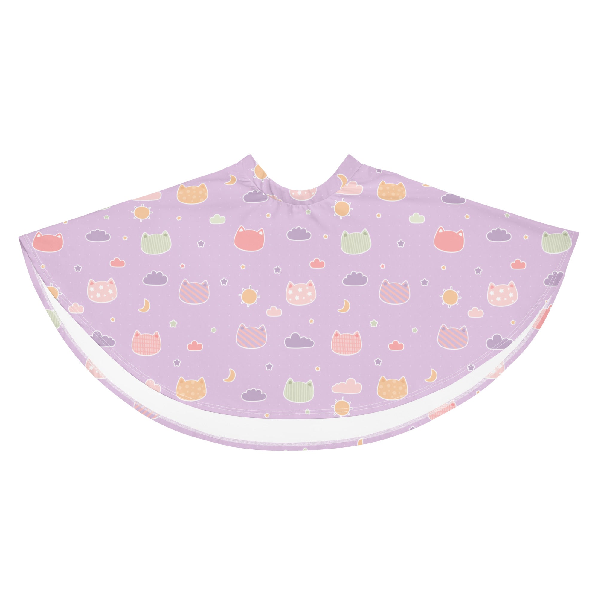 Lavender cape-style rain poncho with pastel cats clouds and moons pattern made from recycled fabric with upf 50+ protection