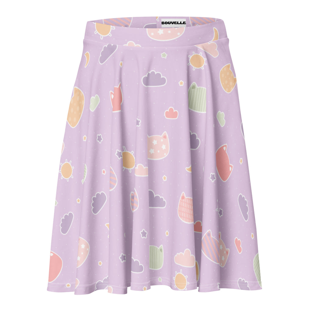 Women’s pastel purple kawaii cats and clouds skater skirt flowy high waisted with upf 50 plus recycled fabric
