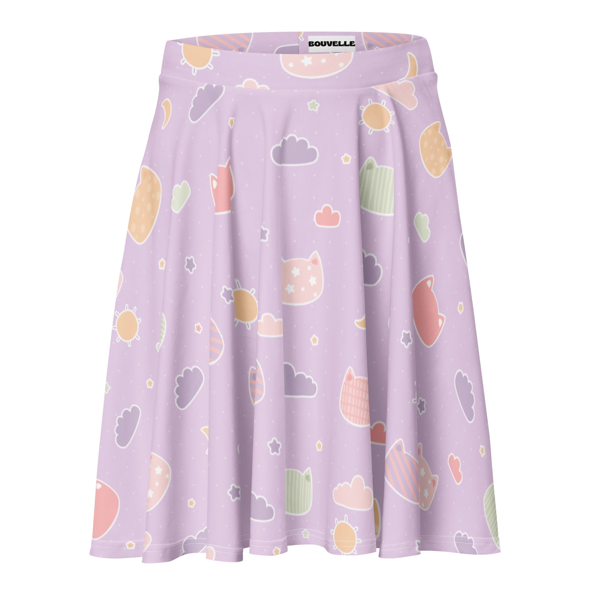 Women’s pastel purple kawaii cats and clouds skater skirt flowy high waisted with upf 50 plus recycled fabric