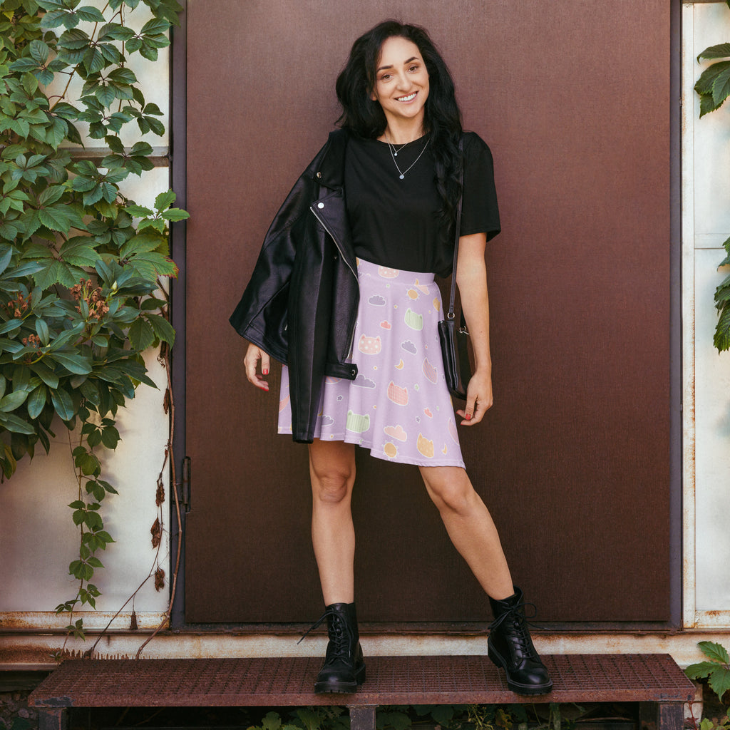 Lavender skater skirt with pastel kawaii cat and cloud patterns made from recycled fabric with UPF 50 plus protection
