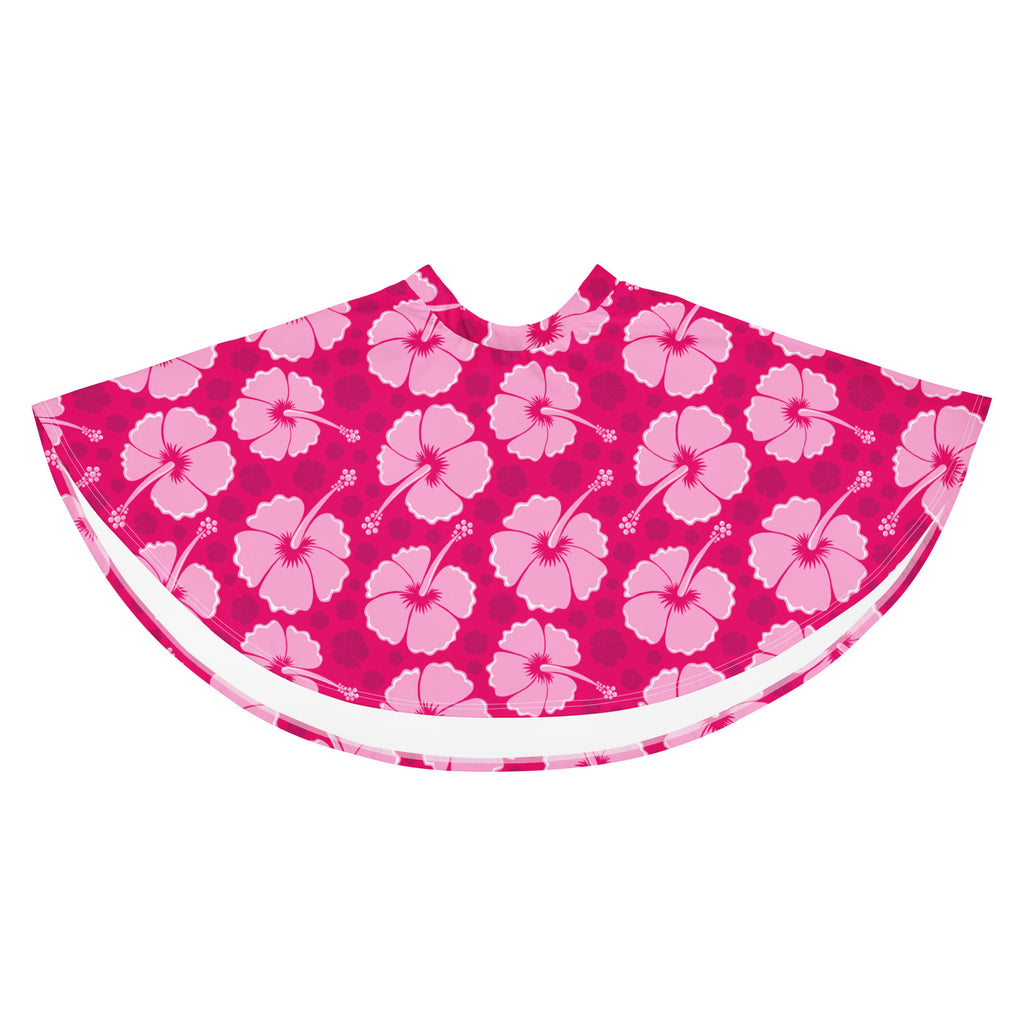 A vibrant pink hibiscus-patterned women’s skater skirt with white trim made from recycled fabric and UPF 50 plus protection
