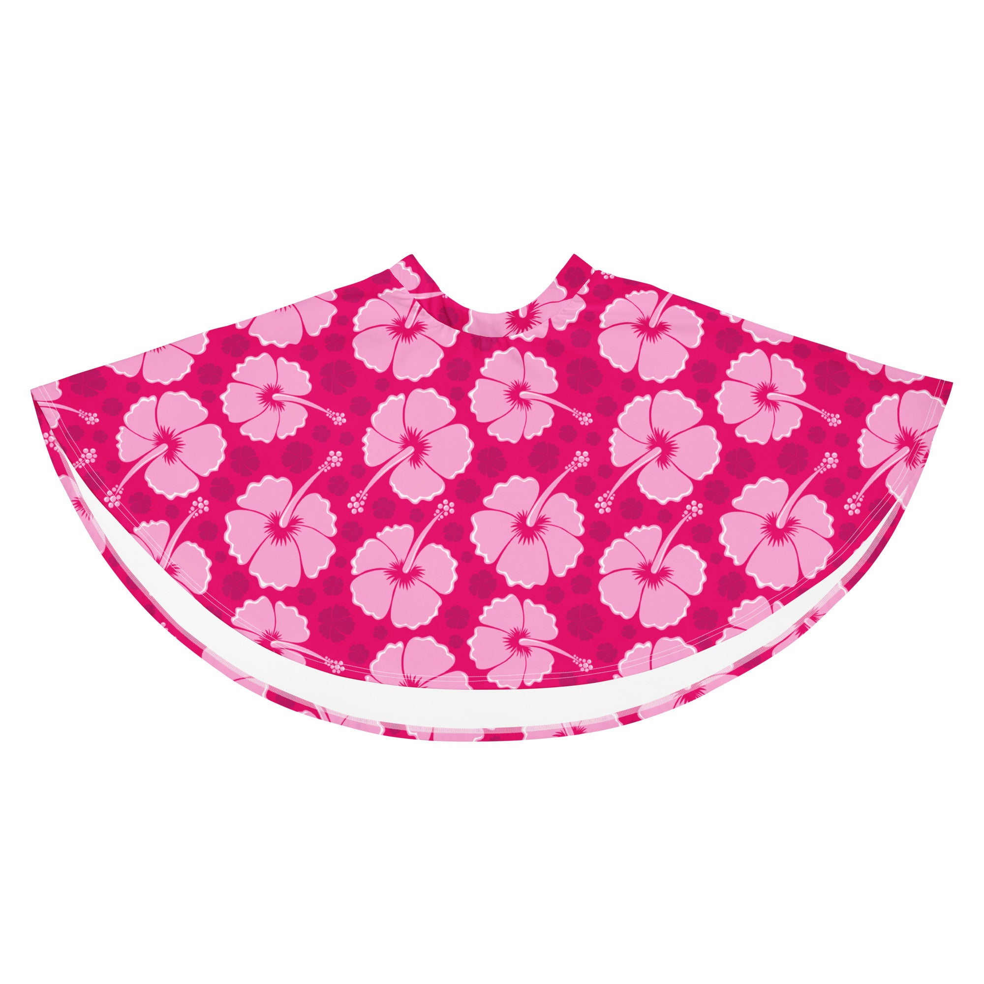 A vibrant pink hibiscus-patterned women’s skater skirt with white trim made from recycled fabric and UPF 50 plus protection