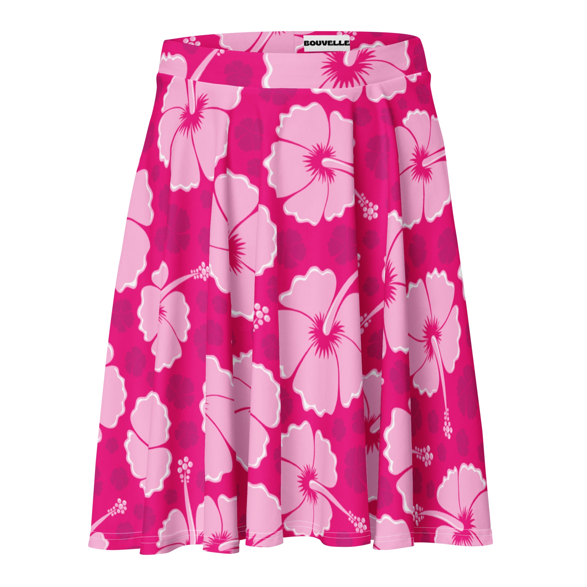 A vibrant pink pleated skater skirt with white and magenta hibiscus flowers by bouvelle with upf 50 and recycled fabric