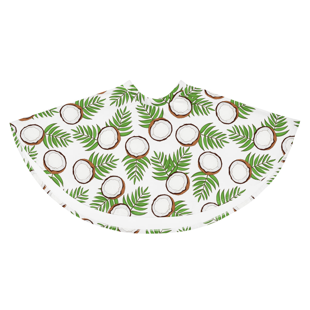White women’s coconut palm skater skirt with green palm leaves and brown coconuts flowy high waisted recycled fabric upf 50+
