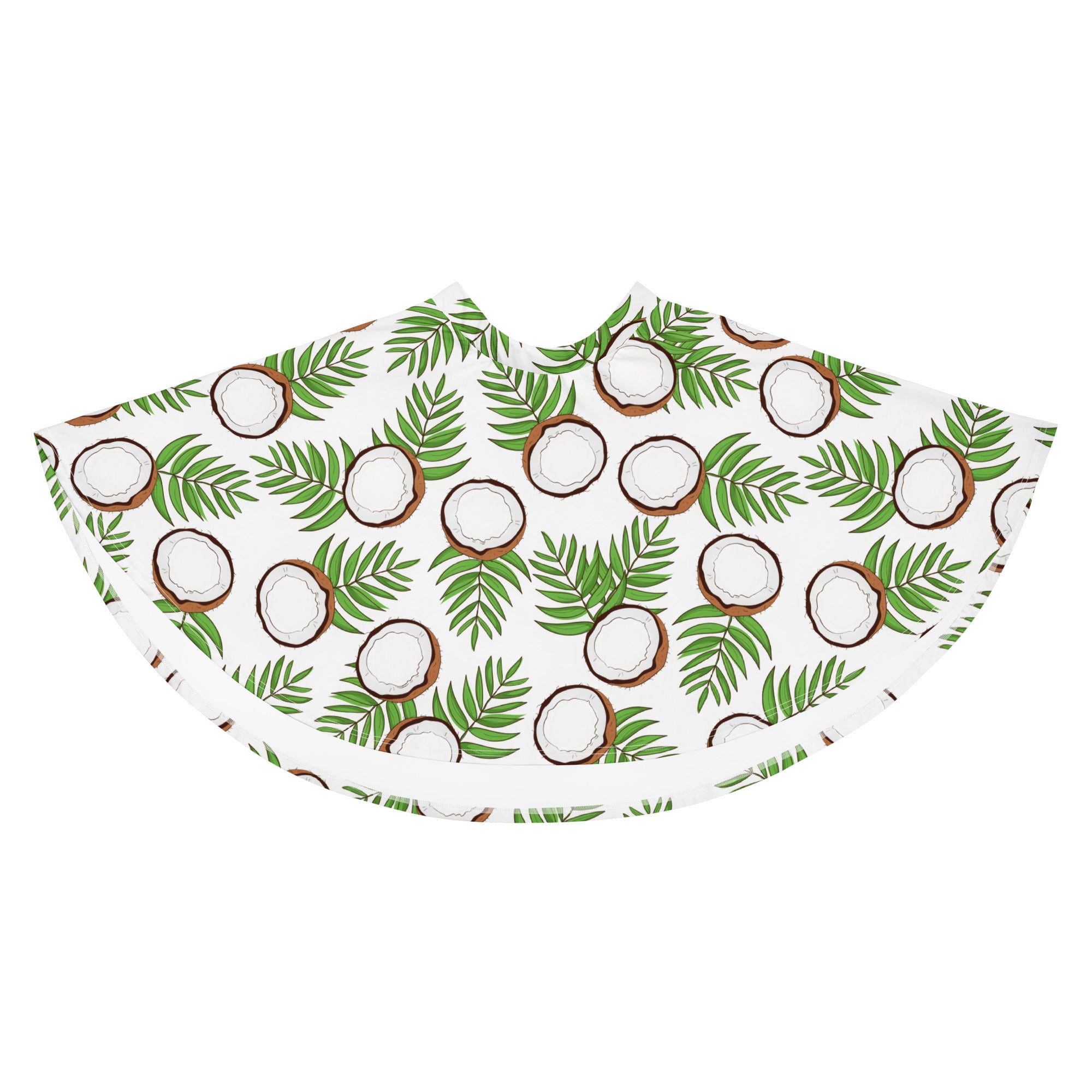White women’s coconut palm skater skirt with green palm leaves and brown coconuts flowy high waisted recycled fabric upf 50+