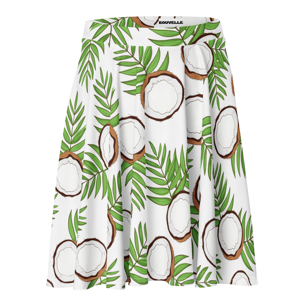 White a-line skater skirt with vibrant green palm leaves and brown coconut print high waisted upf 50 plus by bouvelle