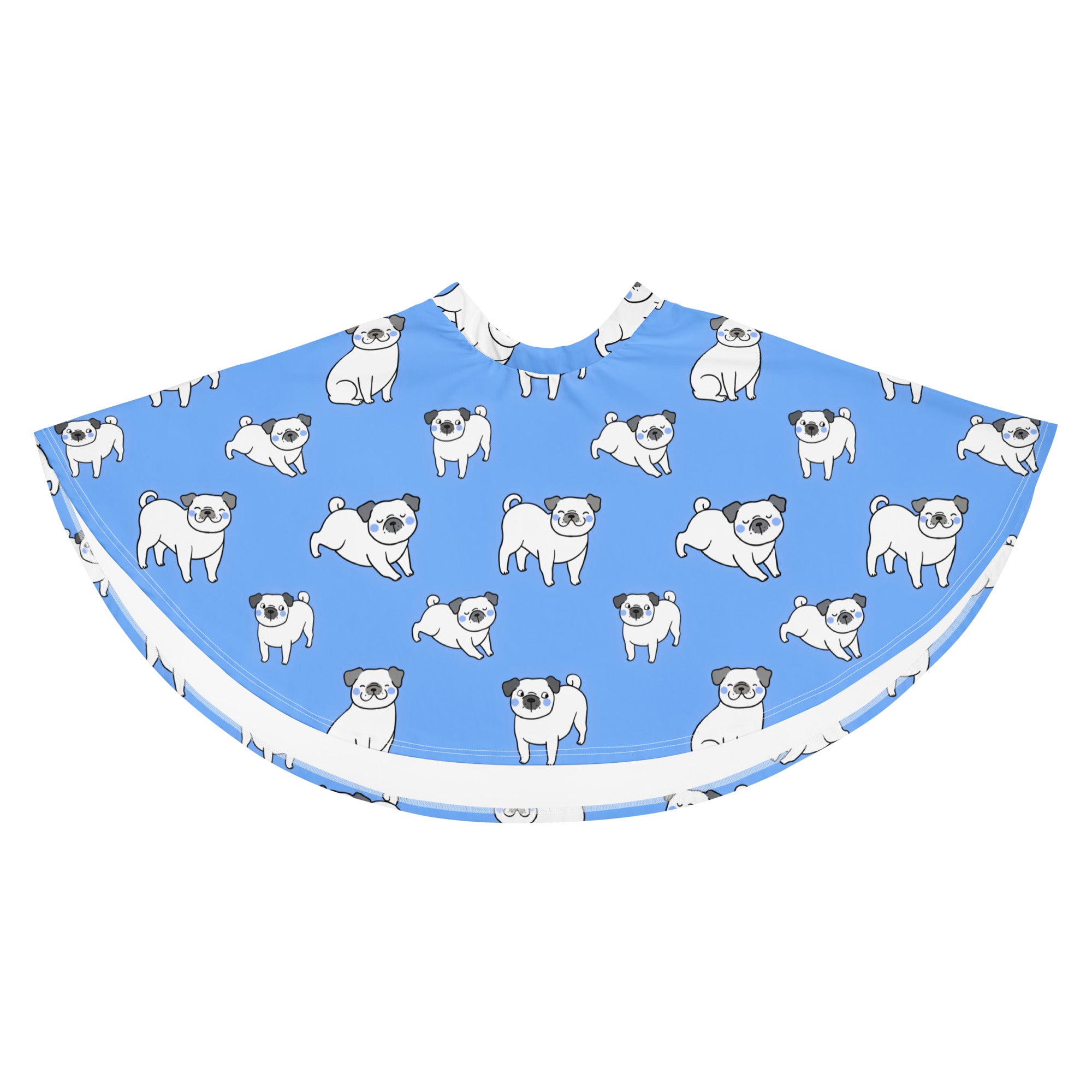 Blue pug-patterned barber cape with white trim made from recycled fabric for comfortable salon use