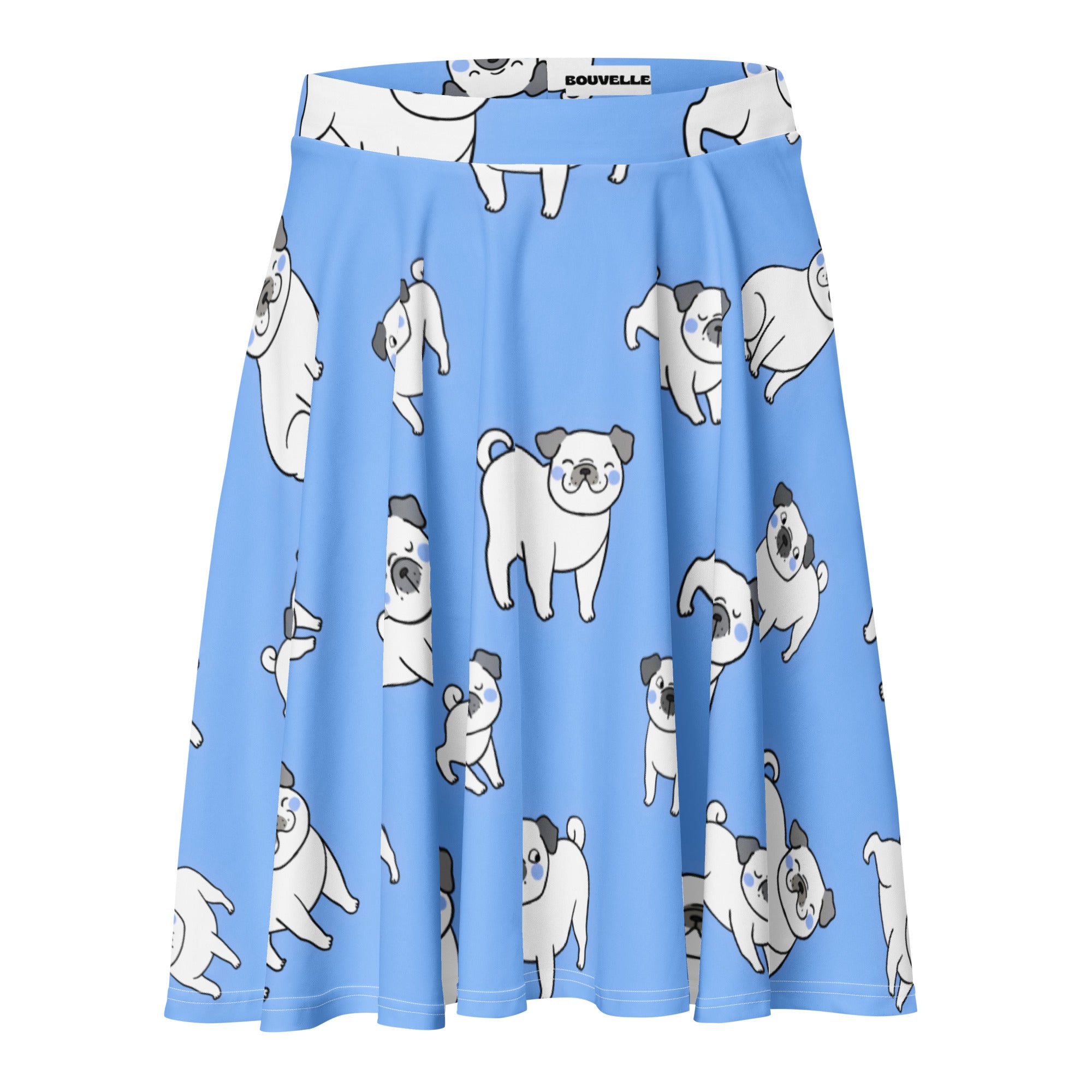 Women’s light blue a-line skater skirt with white pug dog pattern flowy high waisted recycled fabric upf 50+