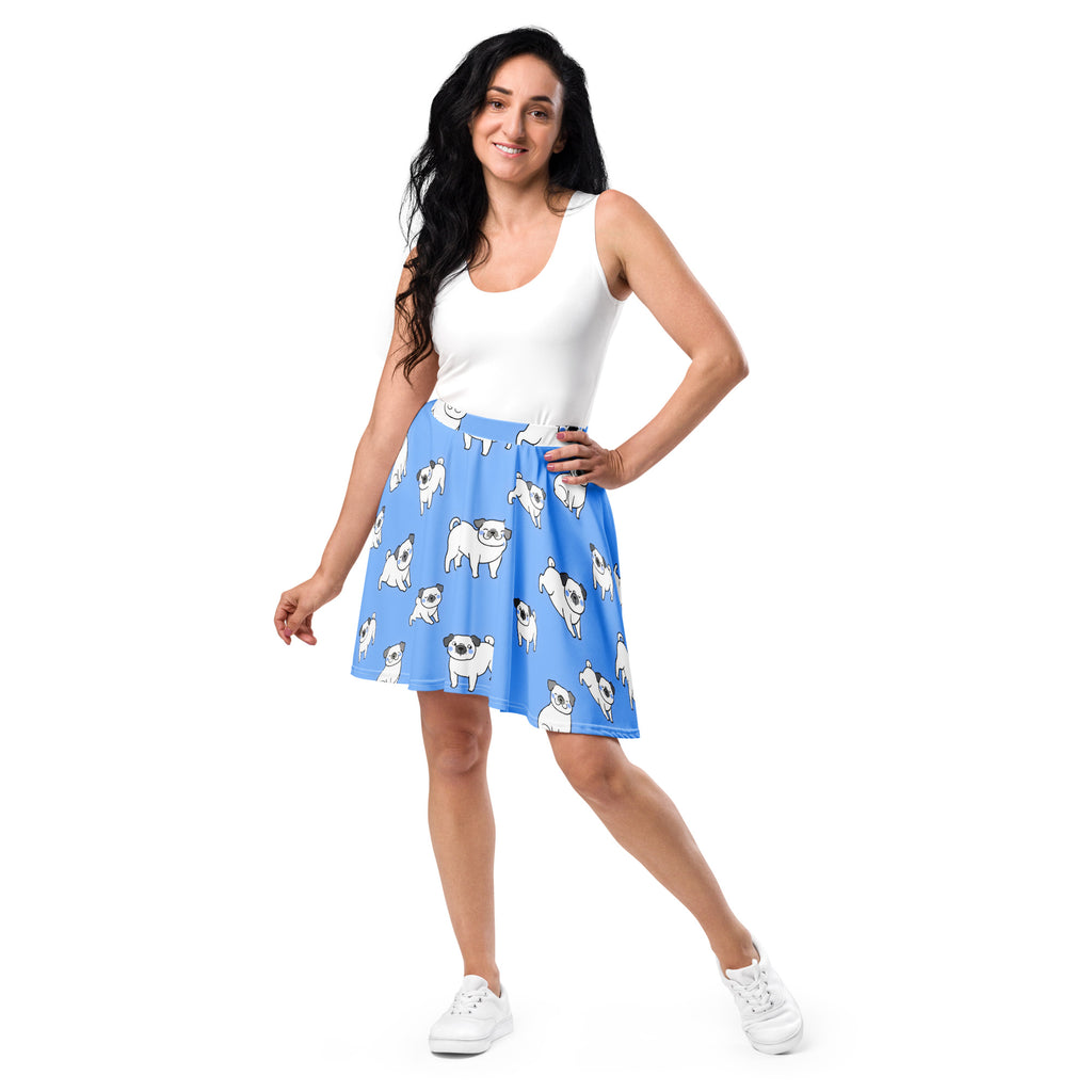 Women’s light blue a-line skirt with playful cartoon pug pattern high waisted skater skirt with upf 50 plus recycled fabric