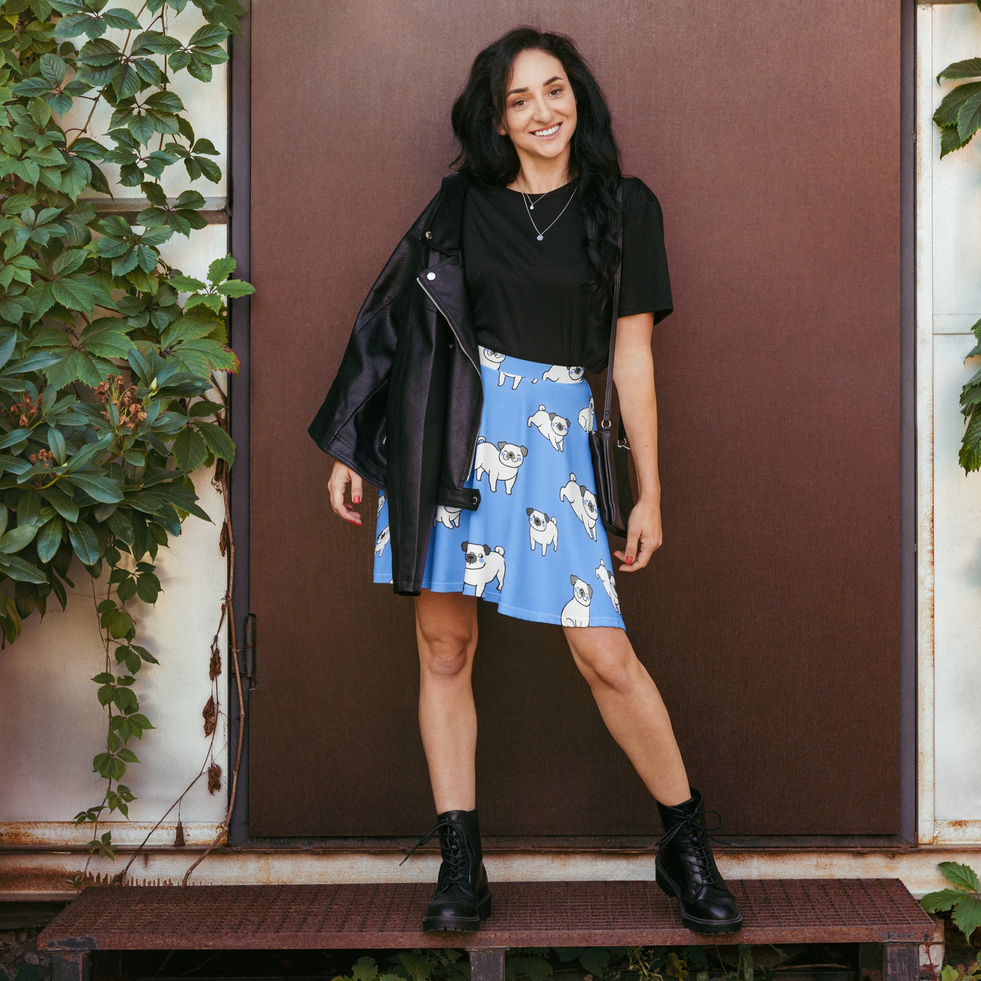 Women’s blue corgi dog skater skirt featuring white pug prints flowy high waisted recycled fabric with upf 50+