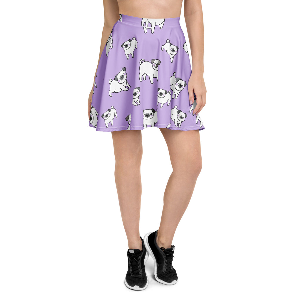 Women’s purple skater skirt with white cartoon pugs pattern, pleated, flowy, high waisted, upf 50+, recycled fabric