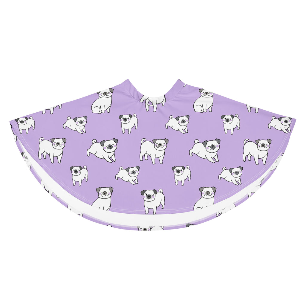 Purple pug-patterned hairdressing cape with white trim paired with womens purple corgi dog skater skirt with upf 50 and recycled fabric
