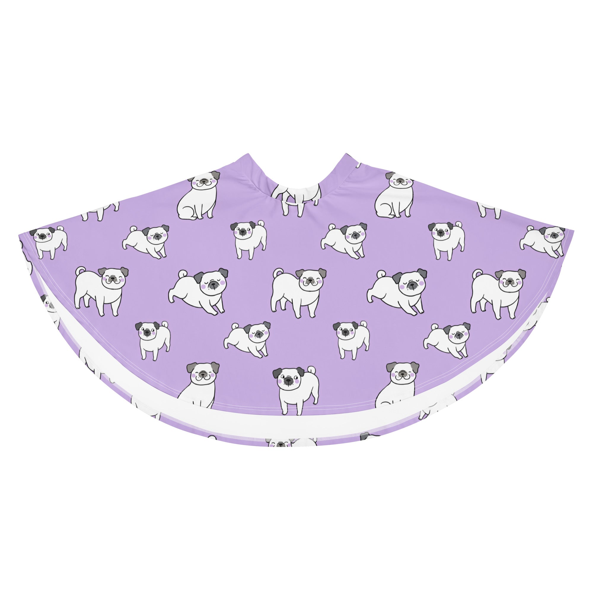 Purple pug-patterned hairdressing cape with white trim paired with womens purple corgi dog skater skirt with upf 50 and recycled fabric