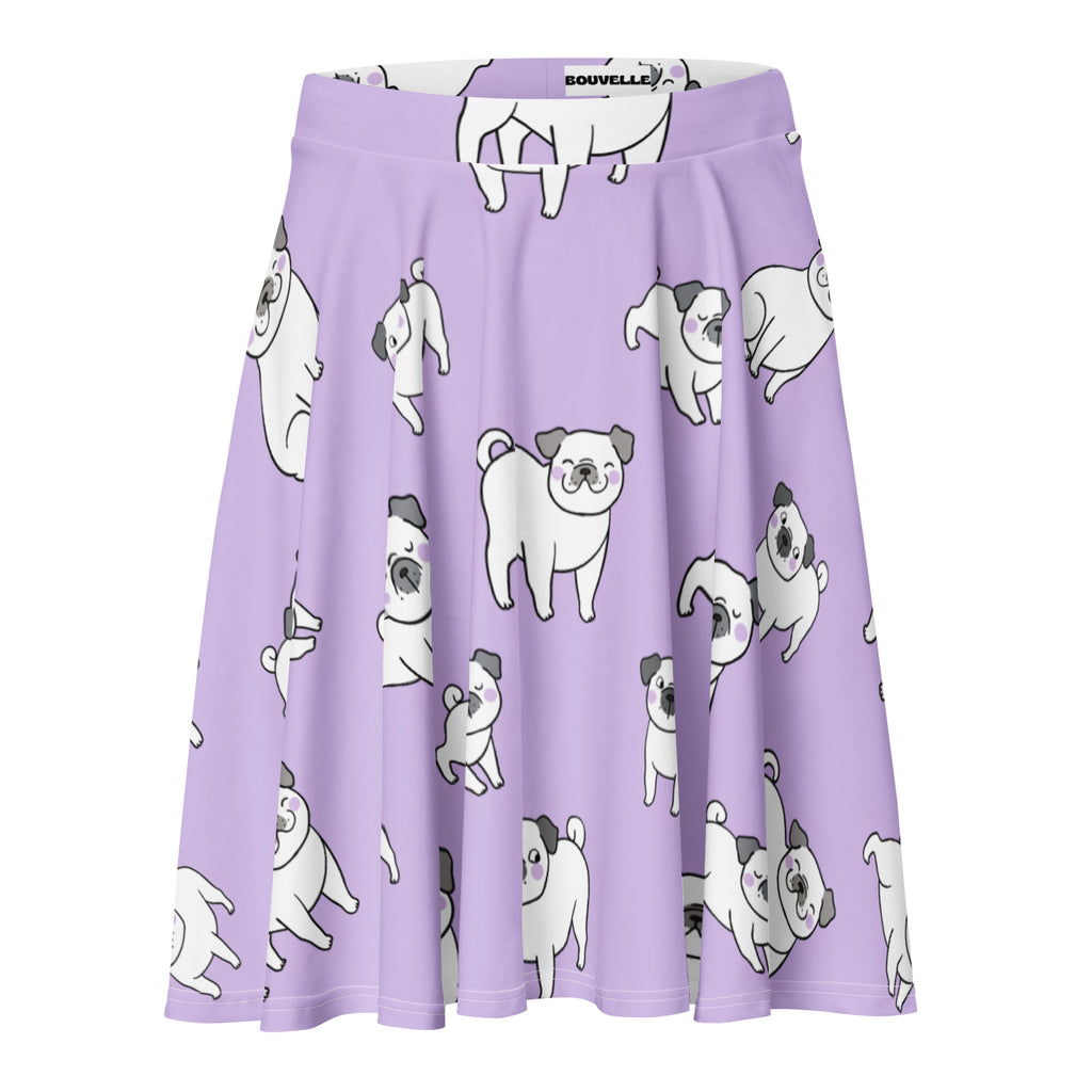 Women’s purple corgi dog skater skirt with playful lavender a-line design featuring cartoon pugs print and recycled fabric