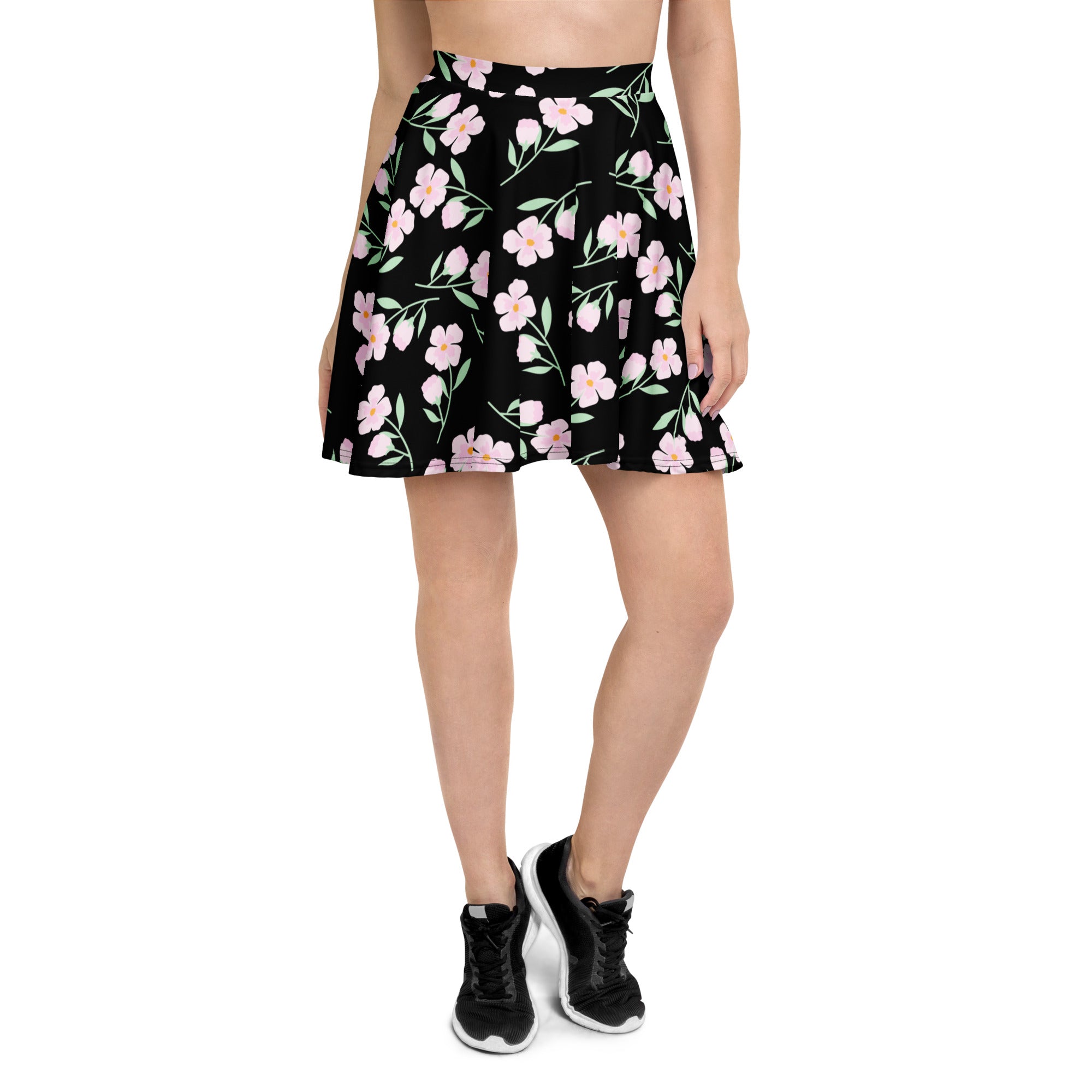 Women’s black floral skater skirt with pink blossoms green stems pleated flowy high waisted recycled fabric upf 50+