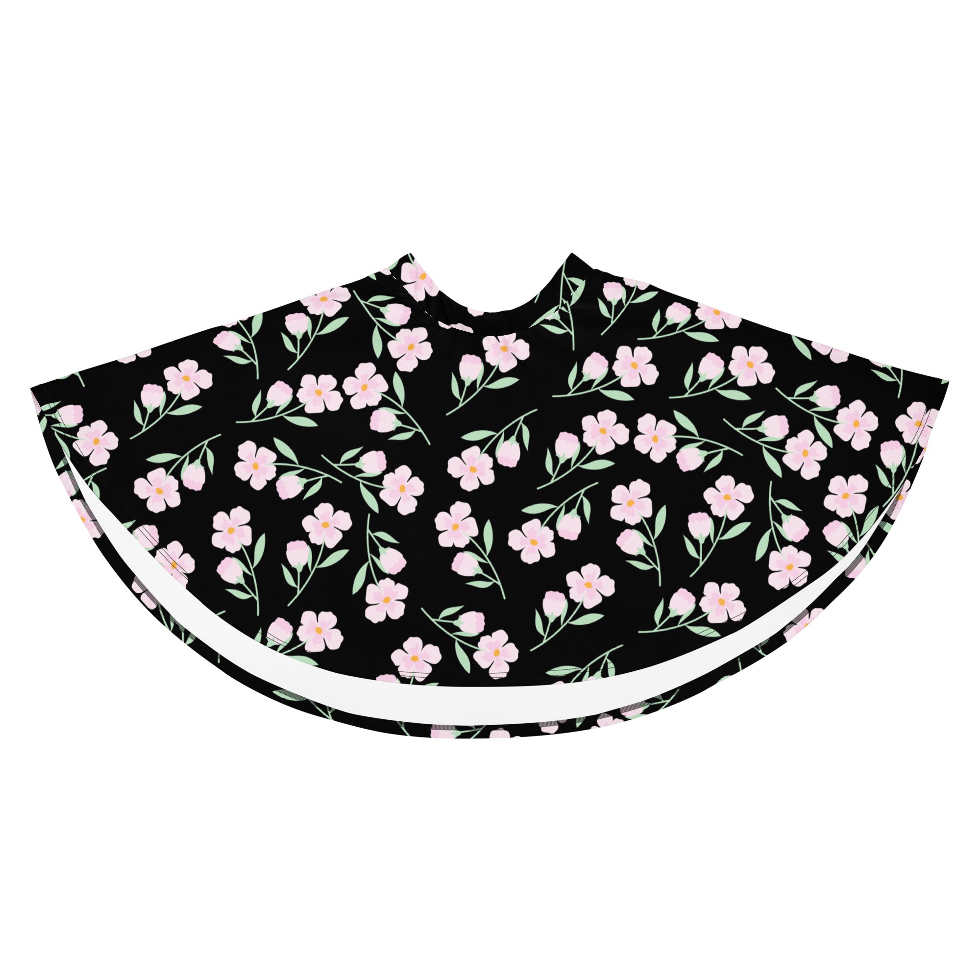 Women’s black floral skater skirt with pink blossoms green stems white trim flowy high waisted UPF 50 plus recycled fabric