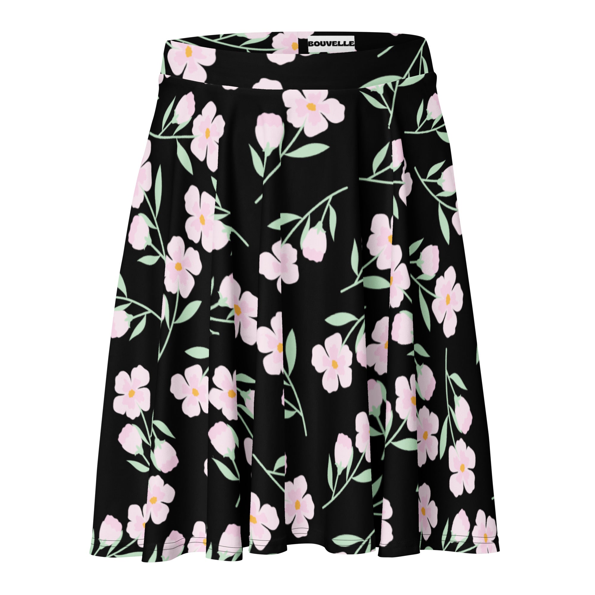 Women’s black floral skater skirt with vibrant pink blossoms and light green stems made from recycled fabric with upf 50+