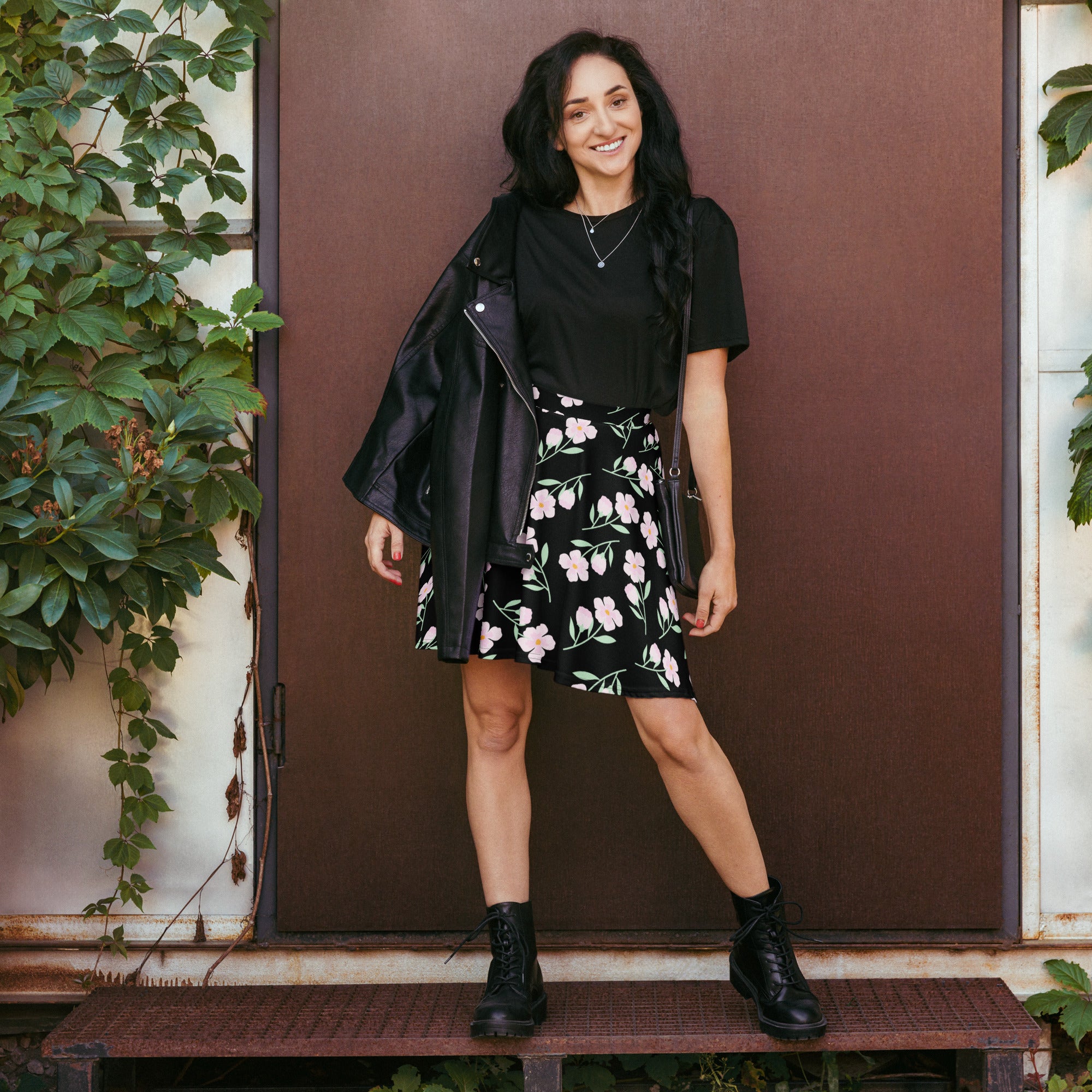 Women’s black floral skater skirt with pink pattern flowy high waisted upf 50 plus made from recycled fabric