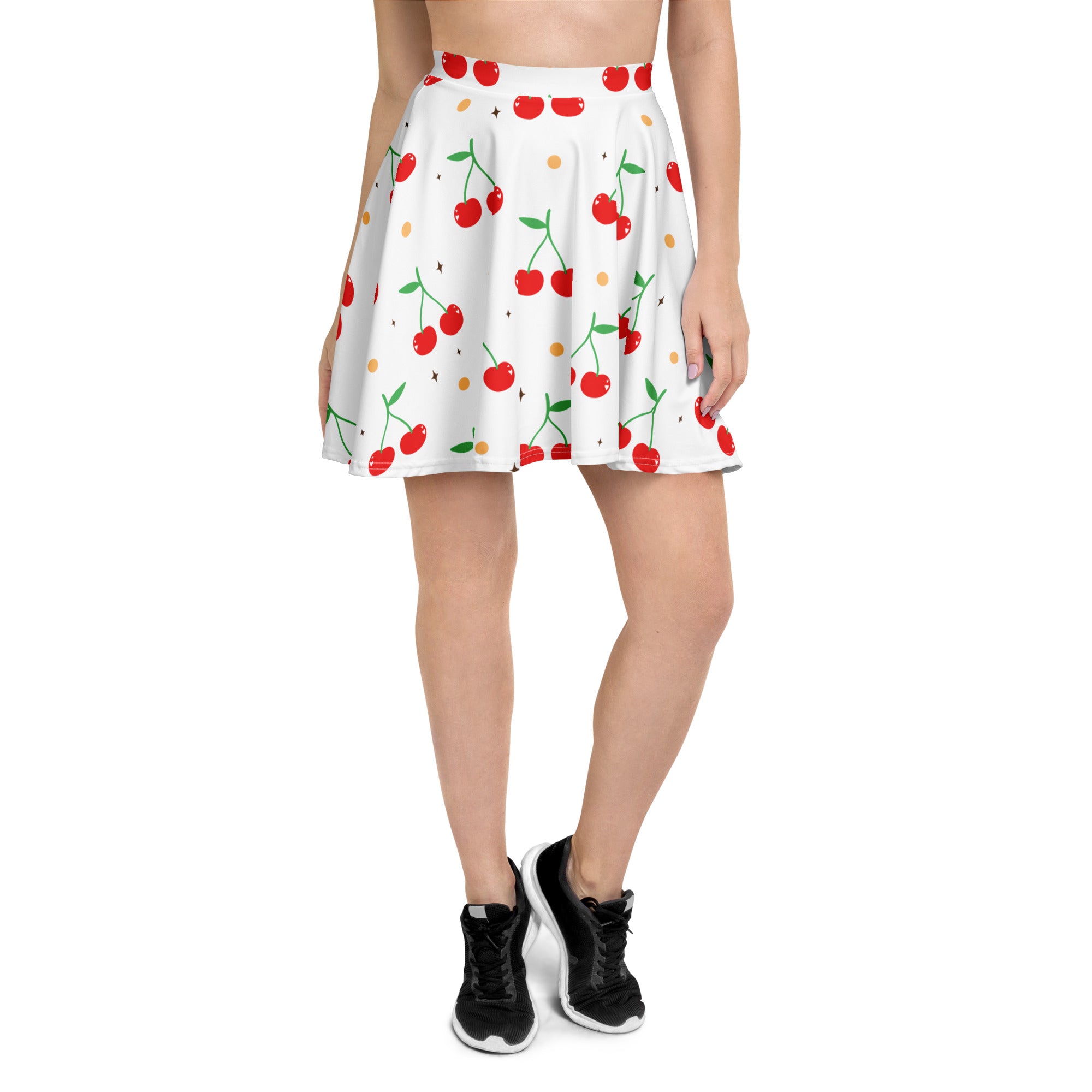 White cherry-print skater skirt with red cherries green stems small yellow dots flowy high waisted recycled fabric upf 50+