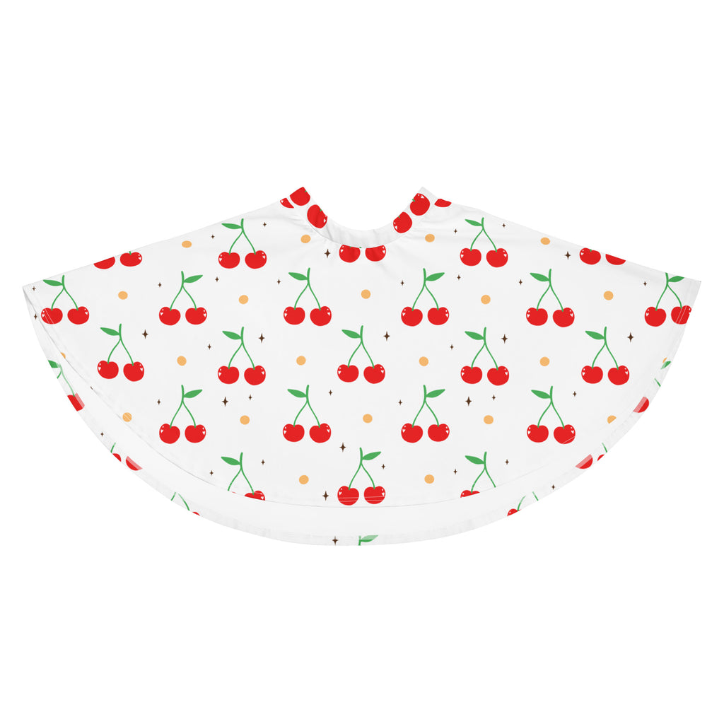 White barber cape with playful red cherry pattern green stems and yellow dots made of recycled fabric