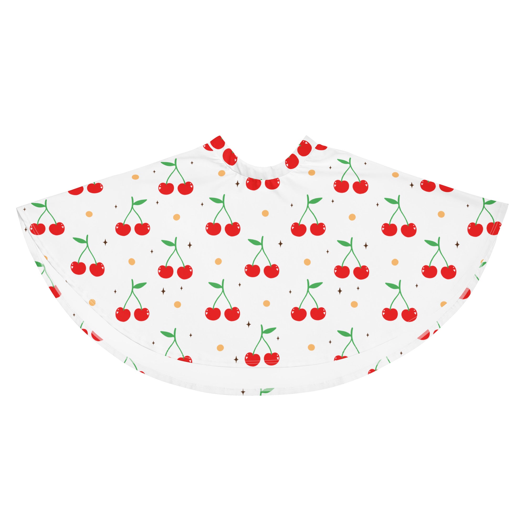 White barber cape with playful red cherry pattern green stems and yellow dots made of recycled fabric