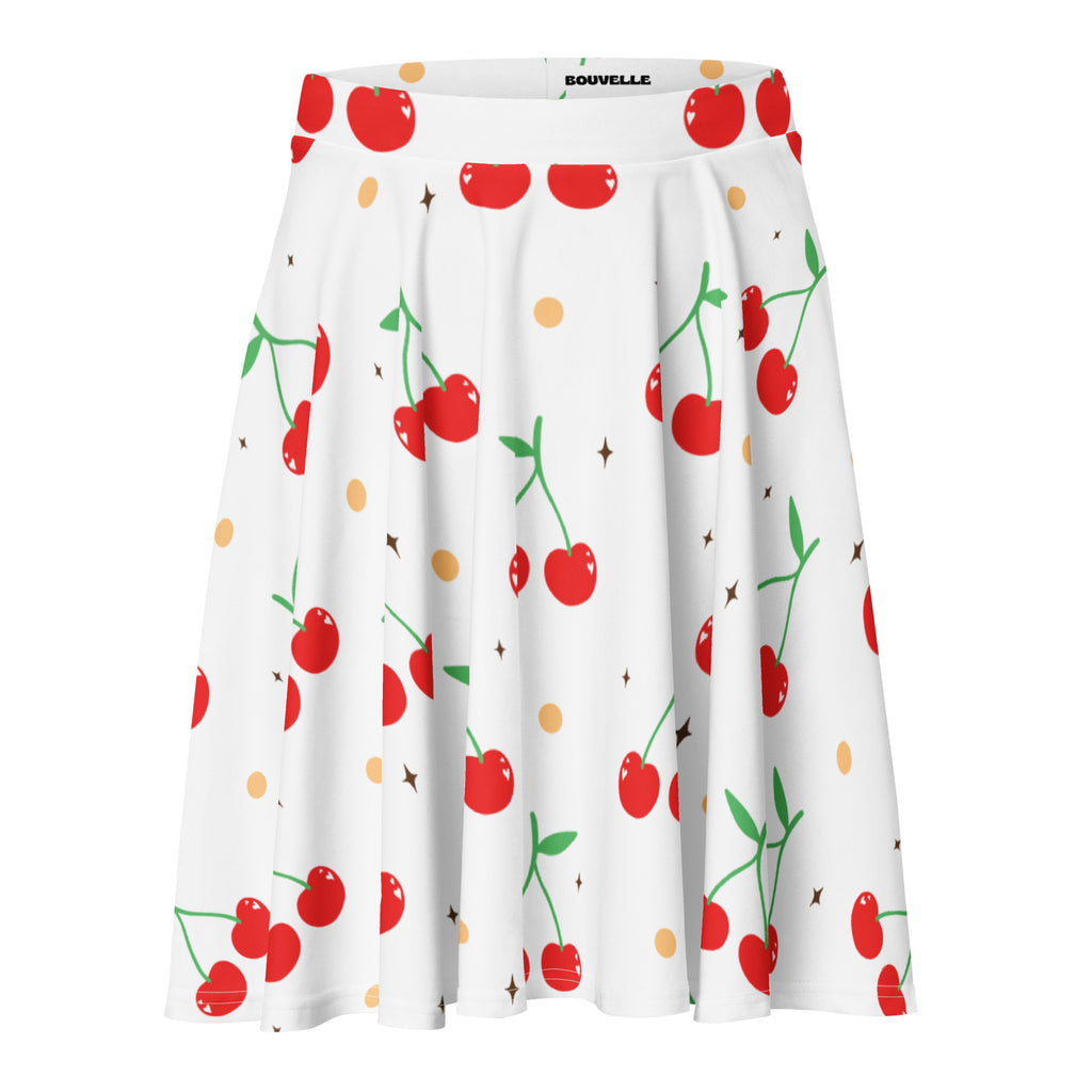 White pleated cherry skater skirt with red cherries yellow dots stars flowy high waisted upf 50 recycled fabric