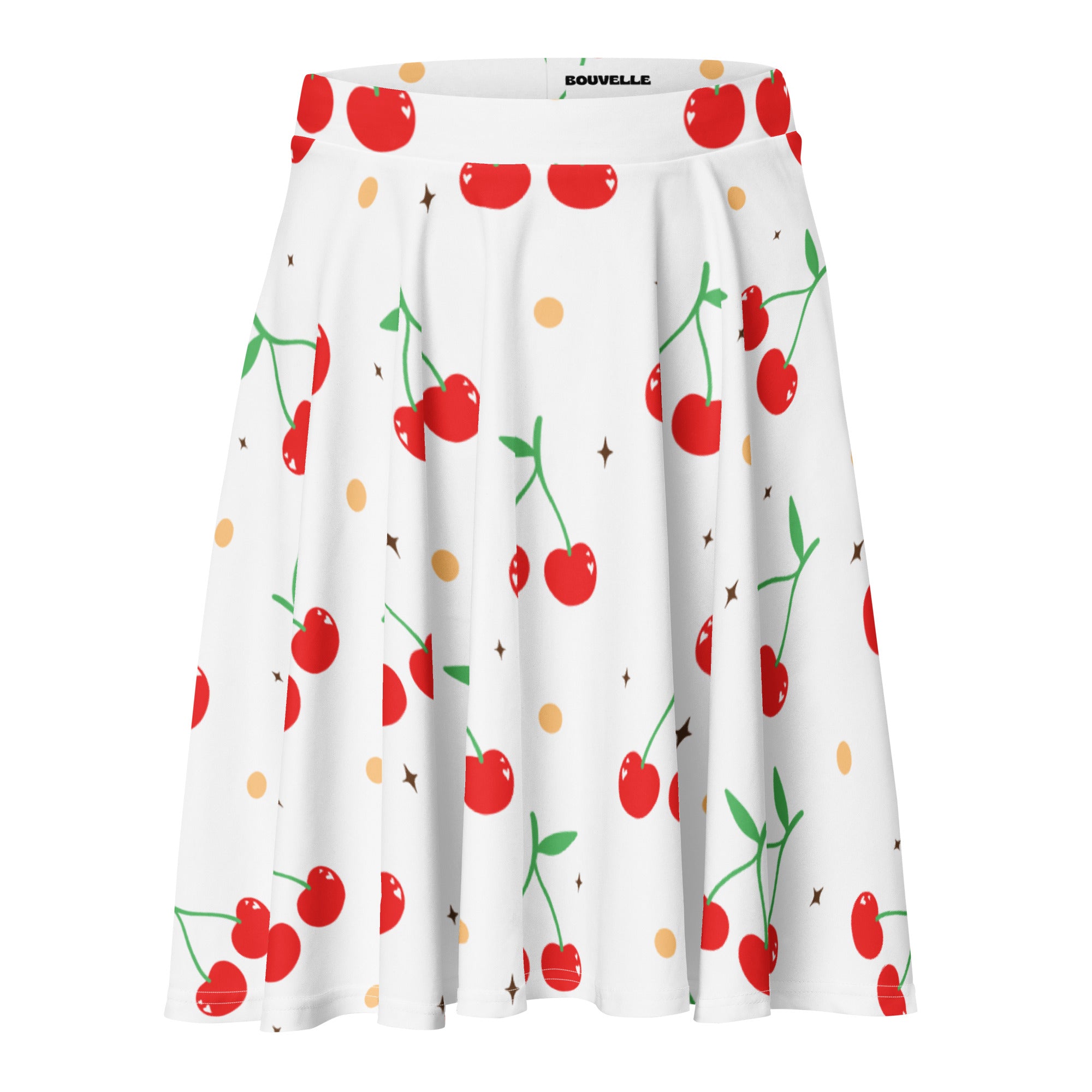 White pleated cherry skater skirt with red cherries yellow dots stars flowy high waisted upf 50 recycled fabric