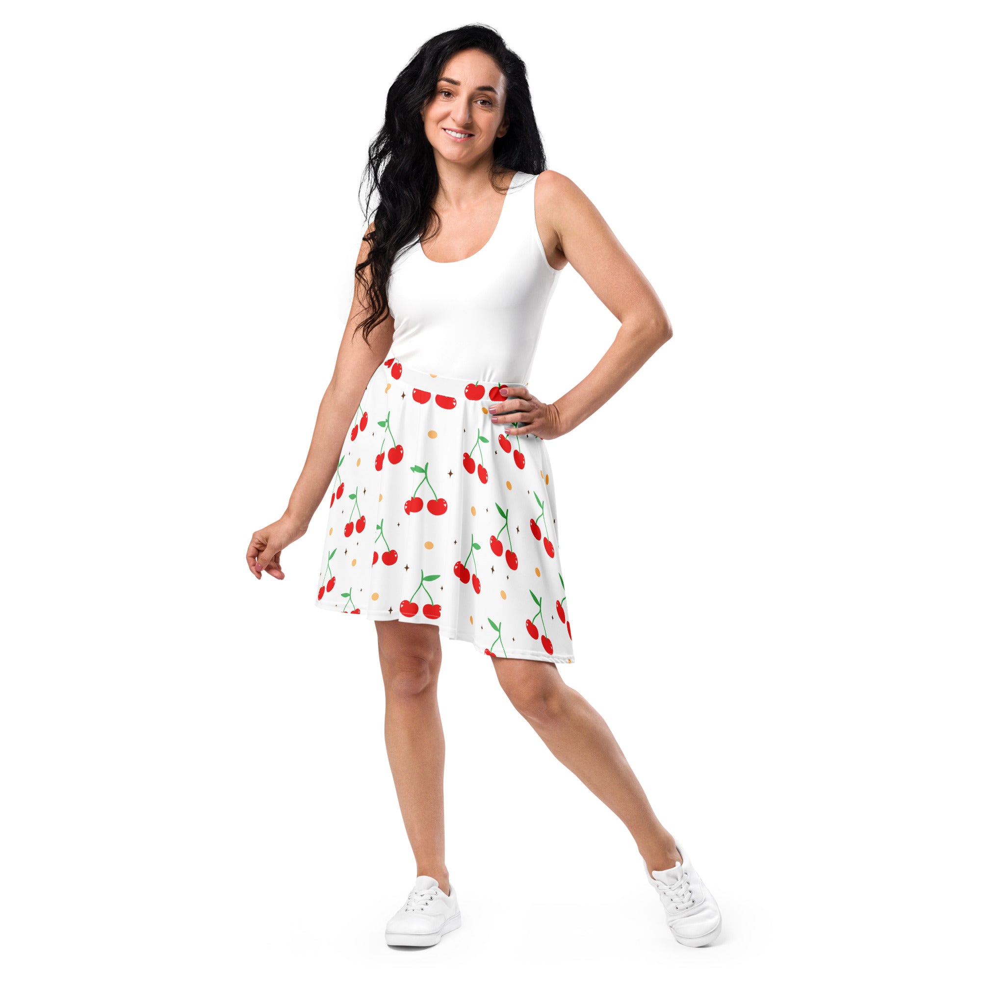 White cherry-print a-line skater skirt with red cherries green stems high waisted flowy upf 50 plus recycled fabric