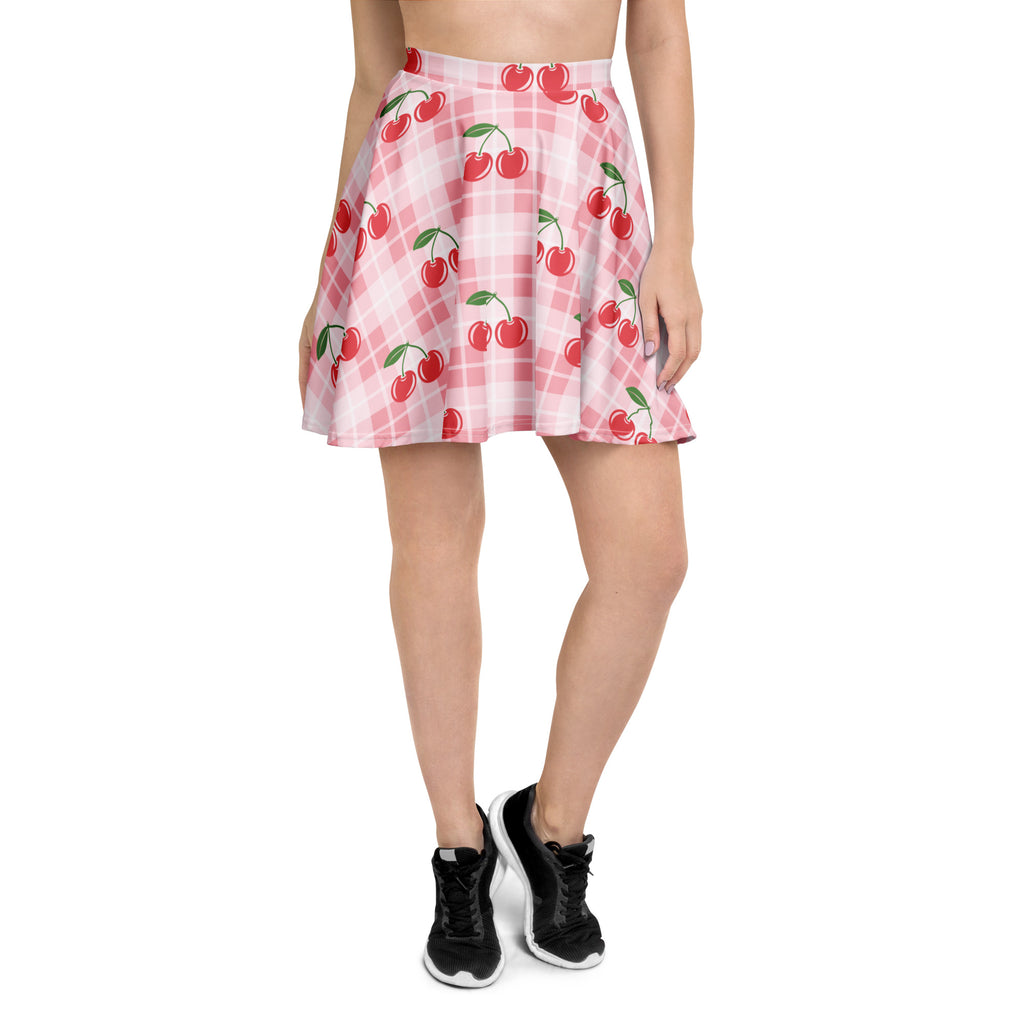 Women’s pink plaid cherry skater skirt with flared design high waisted flowy fabric and upf 50 plus protection