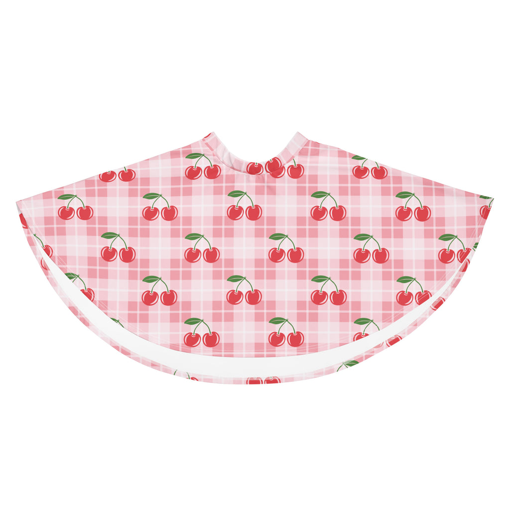 Women’s pink cherry patterned cape with plaid design white trim flowy high waisted recycled fabric upf 50+