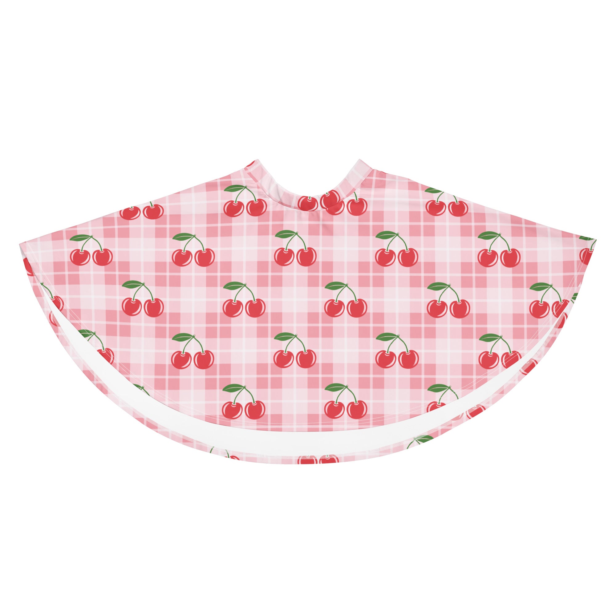 Women’s pink cherry patterned cape with plaid design white trim flowy high waisted recycled fabric upf 50+