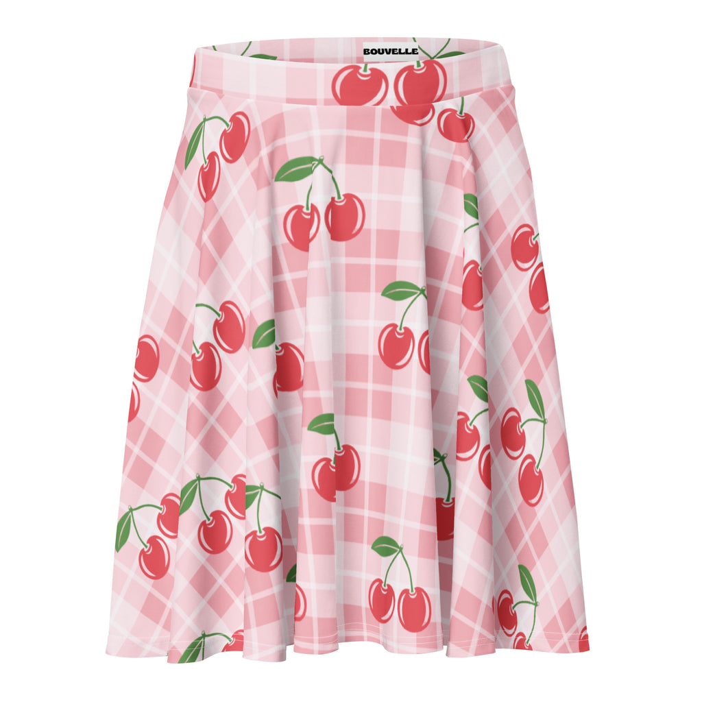 Women’s pink plaid cherry skater skirt with red cherries green stems flowy high waisted upf 50 recycled fabric