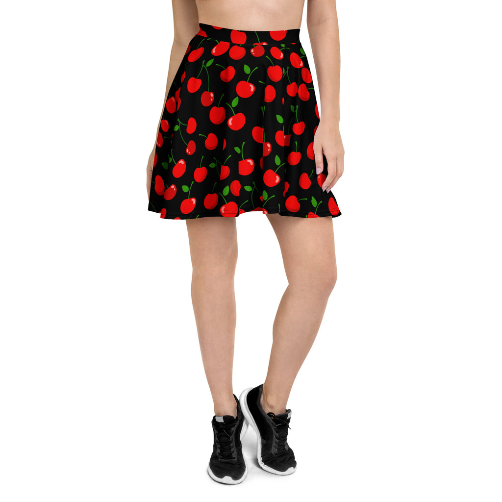Women’s black cherry skater skirt with red cherry print green stems flowy high waisted upf 50 recycled fabric