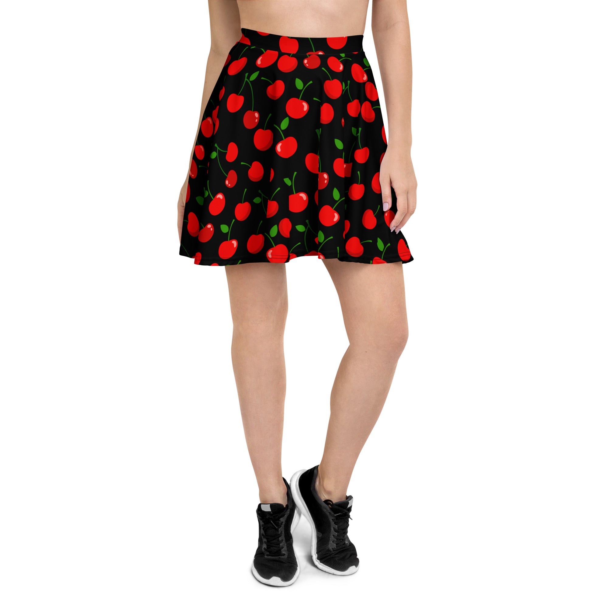 Women’s black cherry skater skirt with red cherry print green stems flowy high waisted upf 50 recycled fabric