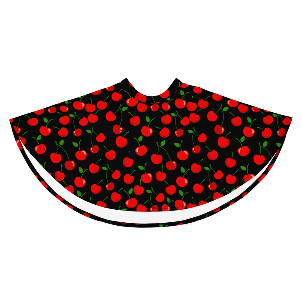Black barber cape with vibrant red cherry pattern green stems white trim perfect for stylish haircuts