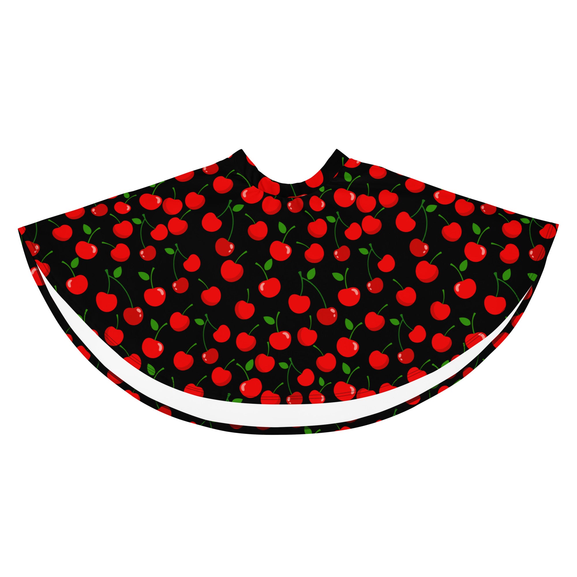 Black barber cape with vibrant red cherry pattern green stems white trim perfect for stylish haircuts