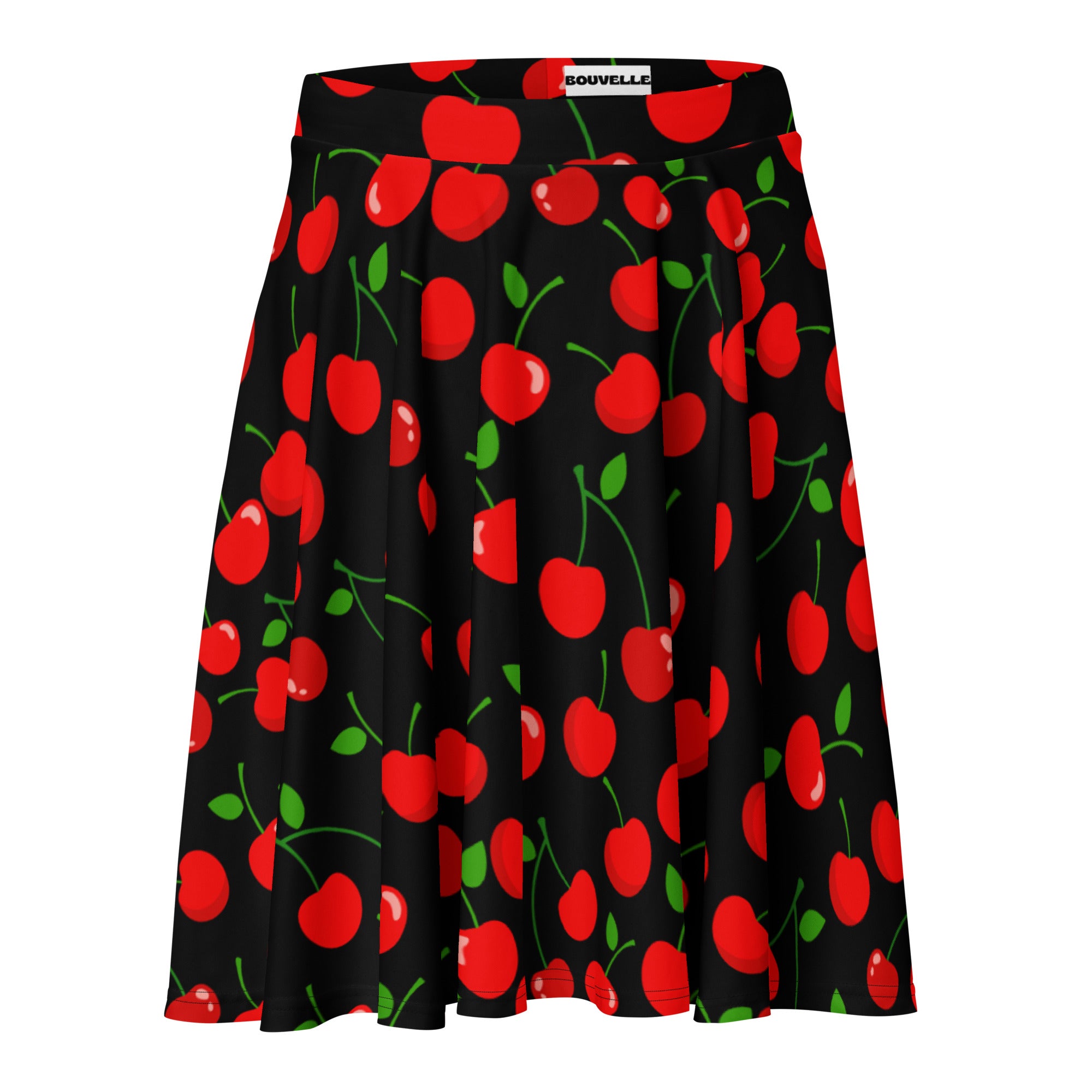 Women’s black cherry skater skirt with red cherry print green stems high waisted flowy fabric upf 50 plus label