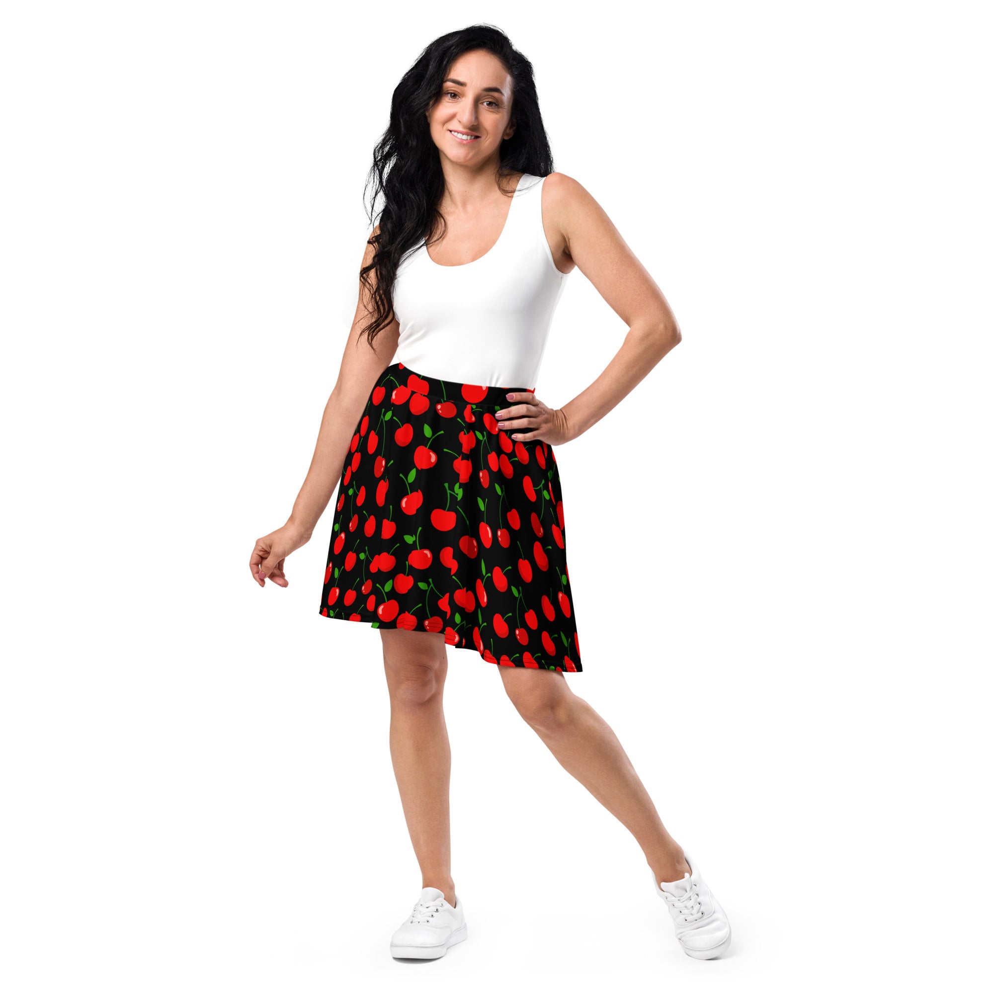 Women’s black cherry skater skirt with vibrant red cherries green stems flowy high waisted upf 50 plus recycled fabric