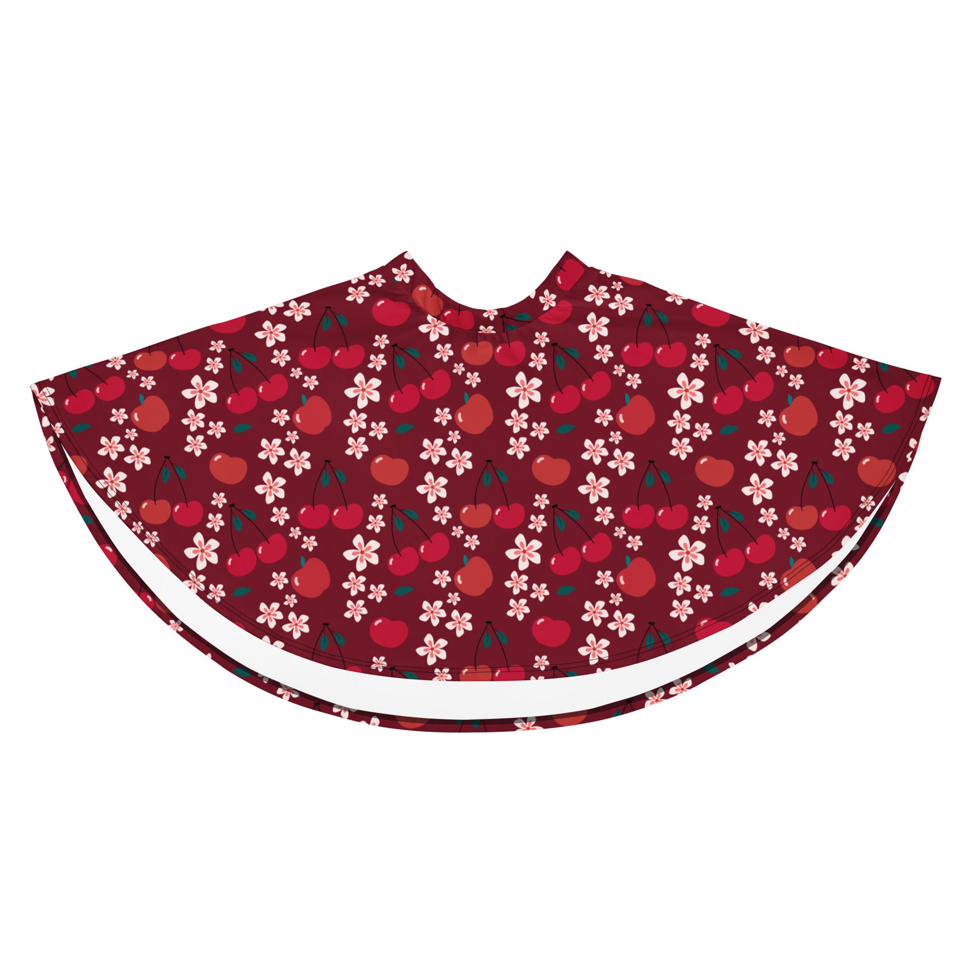 A women’s burgundy skater skirt with a cherry blossom pattern made from recycled fabric and upf 50 plus protection