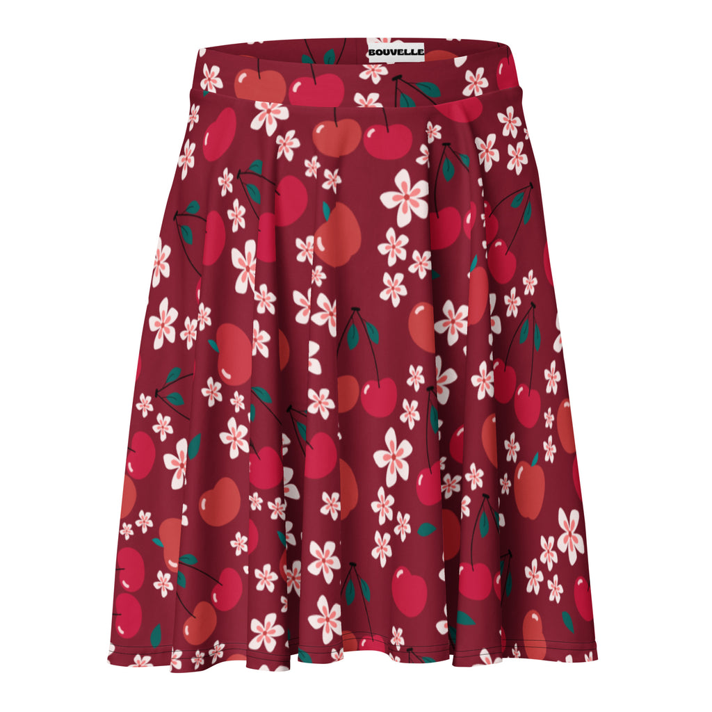 Women’s burgundy cherry blossom skater skirt with flared fit flowy high waisted recycled fabric and upf 50+ protection