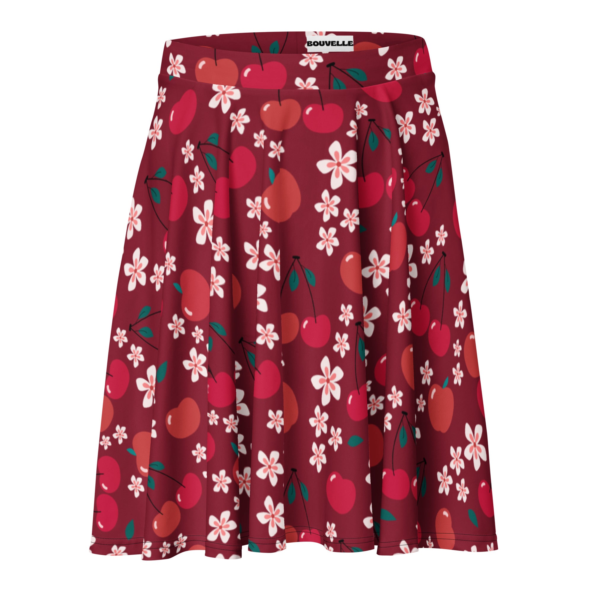 Women’s burgundy cherry blossom skater skirt with flared fit flowy high waisted recycled fabric and upf 50+ protection
